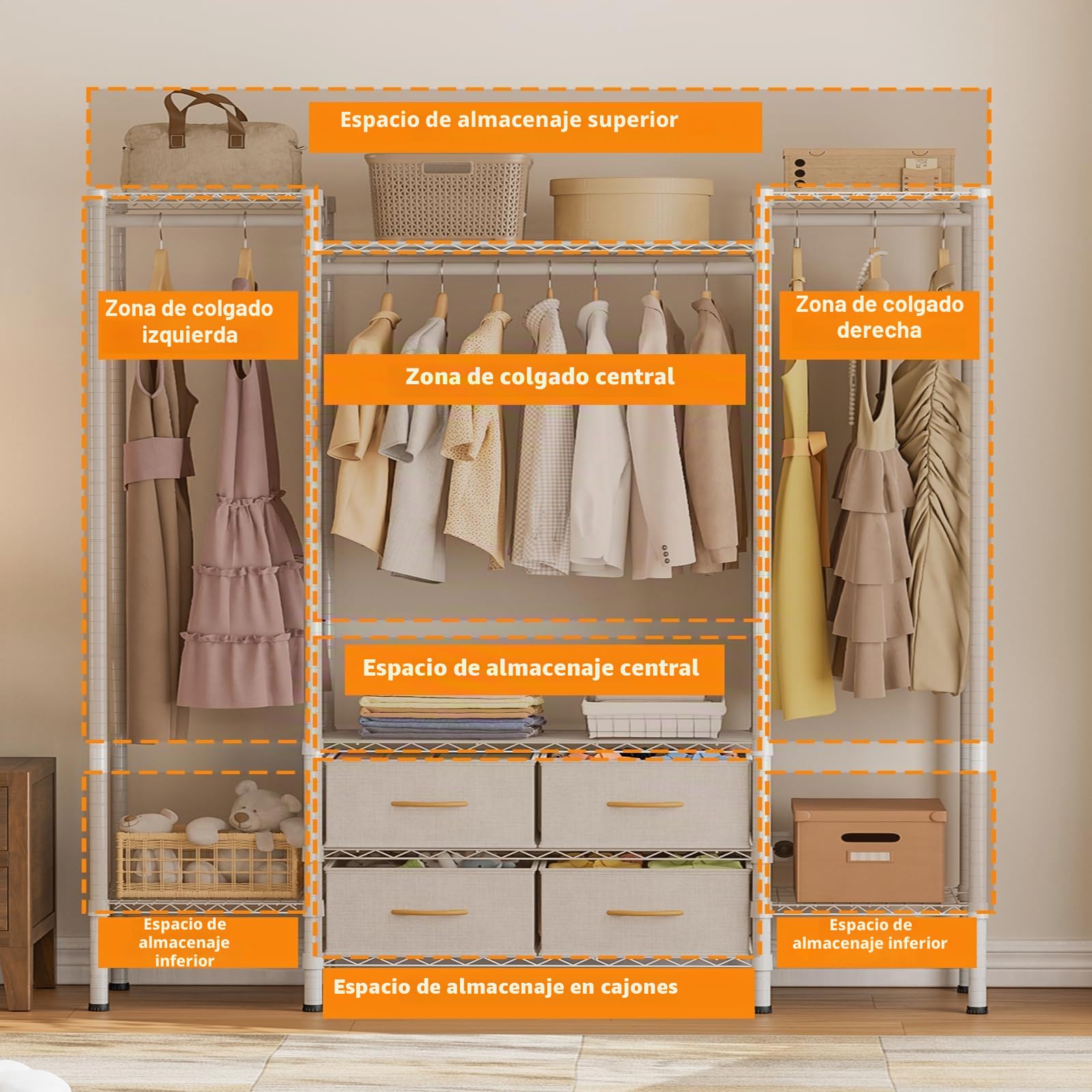 Himimi Perchero con 4 Cajones, Armario Abierto con 3 Barras para Ropa & Estantes de Altura Regulable, Estructura Metálica Resistente para Dormitorio, Lavadero, Balcón 154x40x180cm Blanco