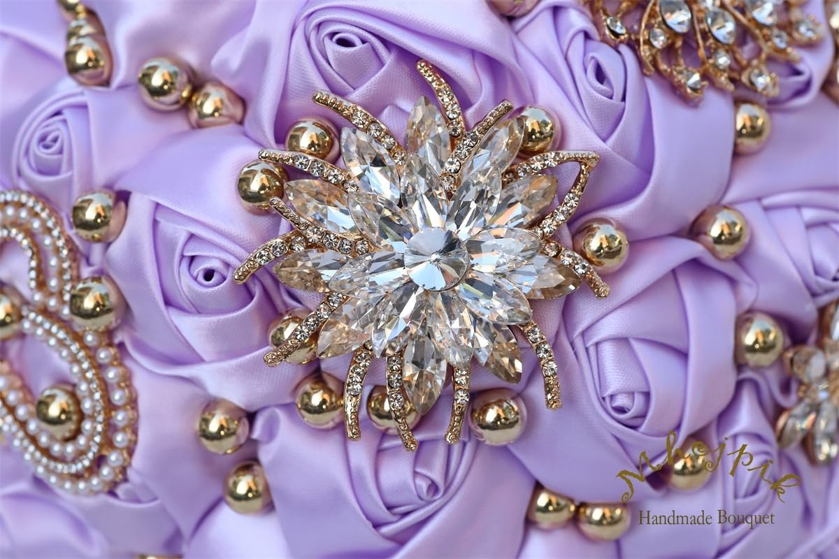 Bridal Wedding Bouquet Round Holding Bouquet Throw Toss Artificial Rose Flower Bunch for Bride Bridesmaid Wedding Quinceanera(Light Purple, 7.1")