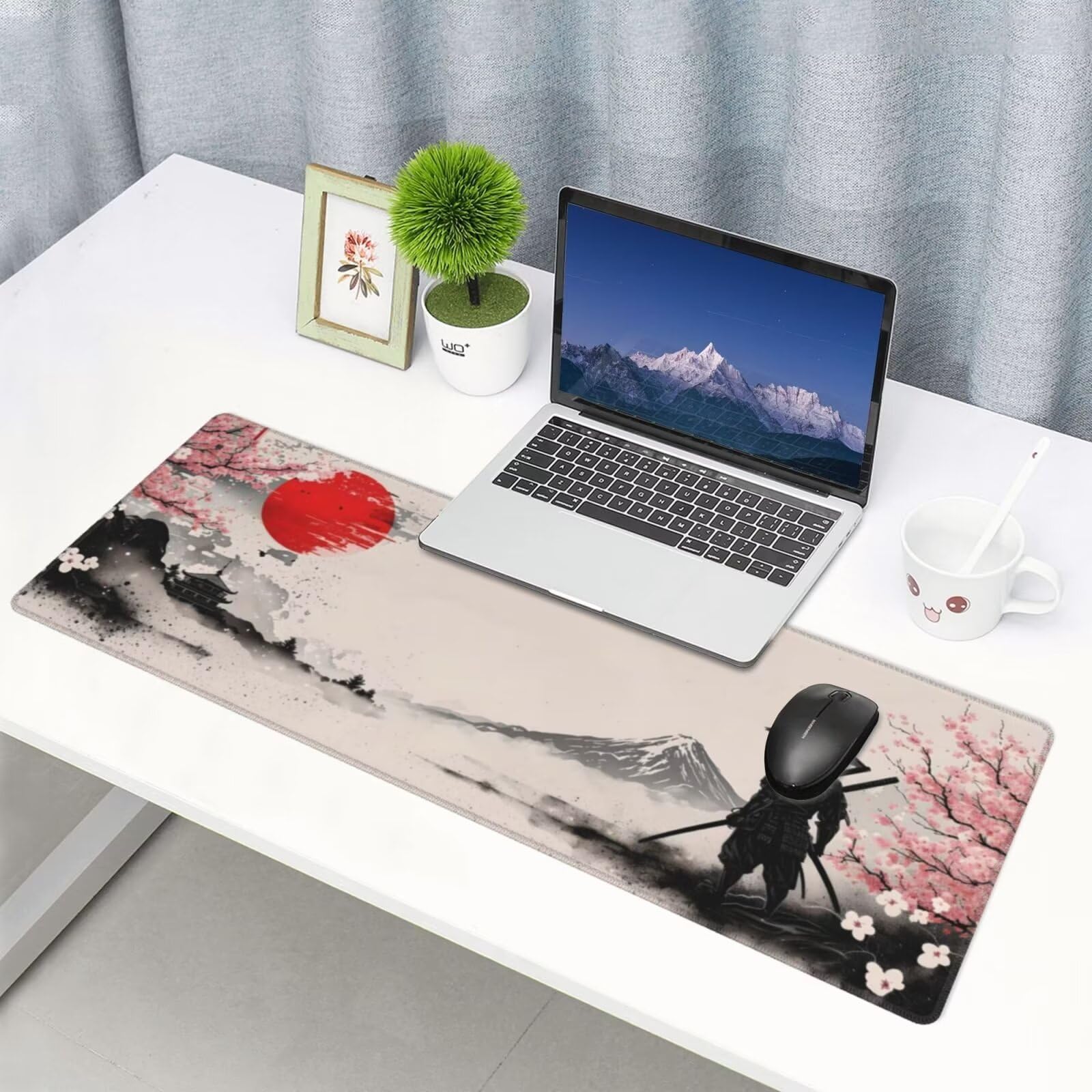 Tappetino Mouse, Tappetino Mouse Gaming Grande XXL 1500x800x3mm Tappetino Scrivania Mouse Pad, Base in Gomma Antiscivolo, Bordi Cuciti,Lavabile, Mousepad per Ufficio e Gaming (Paesaggio samurai) R-652