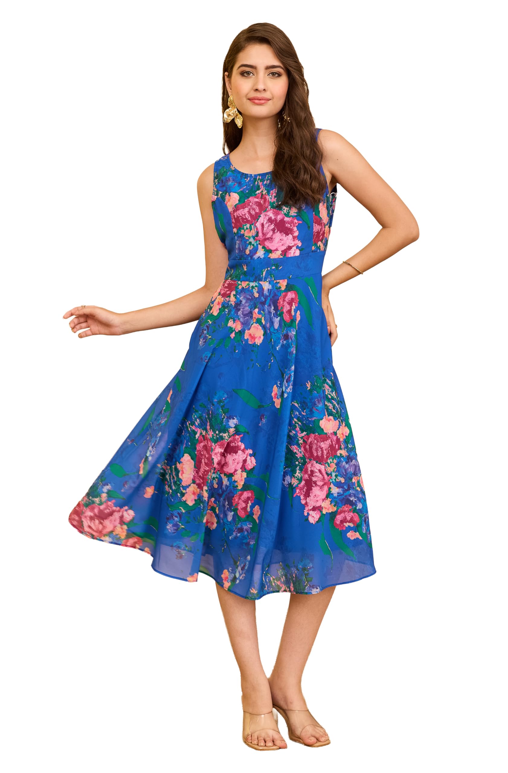 janasya Women's Royal Blue Georgette Floral Printed A-line Flared Dress-picture-4