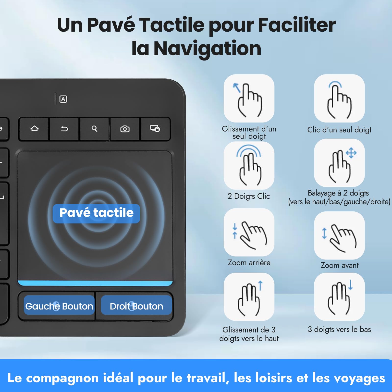 Clavier sans Fil Multi-appareils avec pavé Tactile-Clavier Bluetooth doté d'un Grand pavé Tactile, Compatible avec 3 appareils PC/Windows/Android/Chrome OS/Smart TV/HTPC - AZERTY