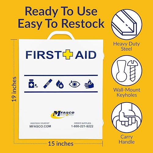 Miniatura 3 de MFASCO Kit de primeros auxilios compatible con ANSIOSHA 2021  Gabinete de metal comercial grande de 3 estantes para empresas, montaje en pared, con