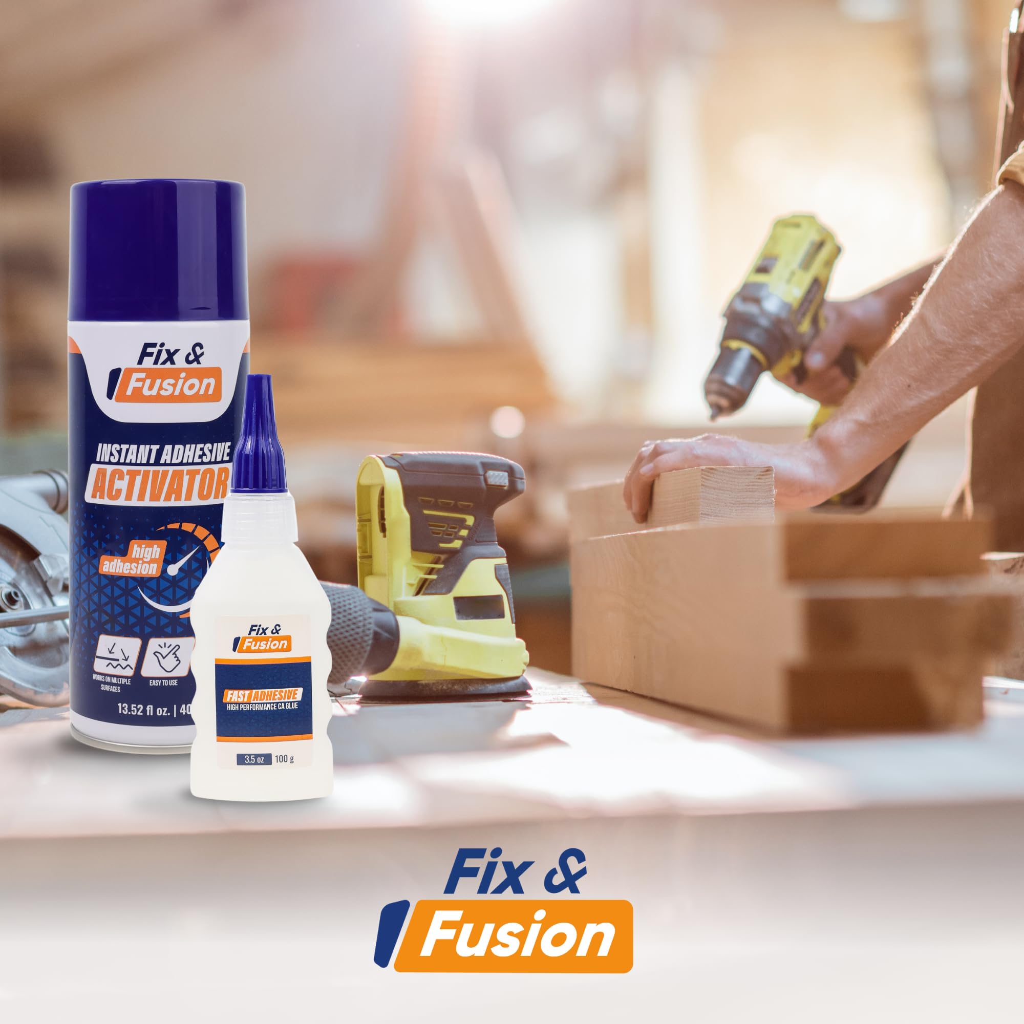 FIX & FUSION Activateur Spray (400 ml) | Accélérateur Séchage pour Colle Cyanoacrylate (CA) Super Glue | Bois, Plastique, Caoutchouc, Granit & Bricolage | Adhérence Renforcée, Séchage Rapide (2 Pack)