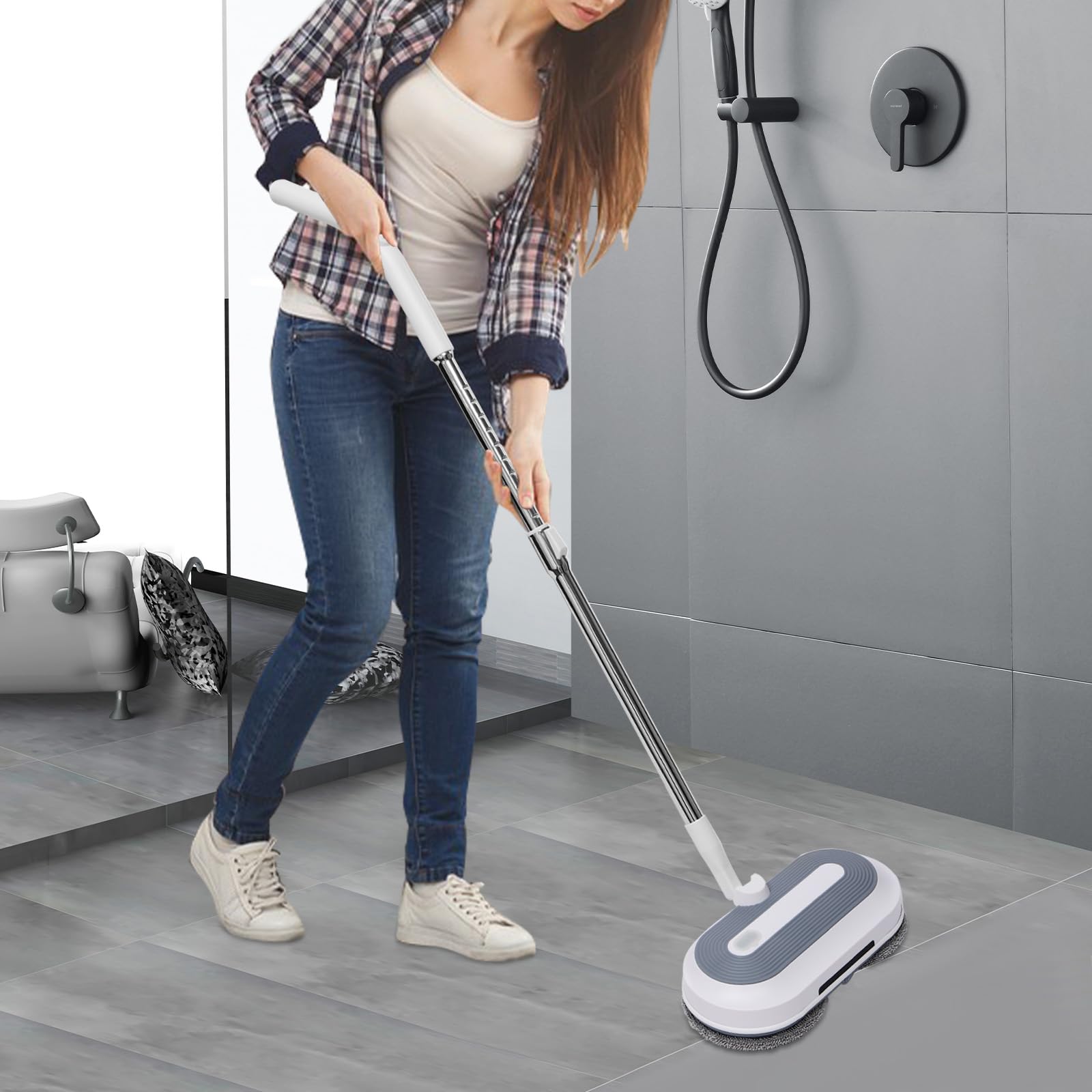 Lavapavimenti elettrico senza fili con funzione spray, funzionamento a batteria, strofinare, lucidare, 4 panni per la pulizia, serbatoio dell'acqua e illuminazione a LED