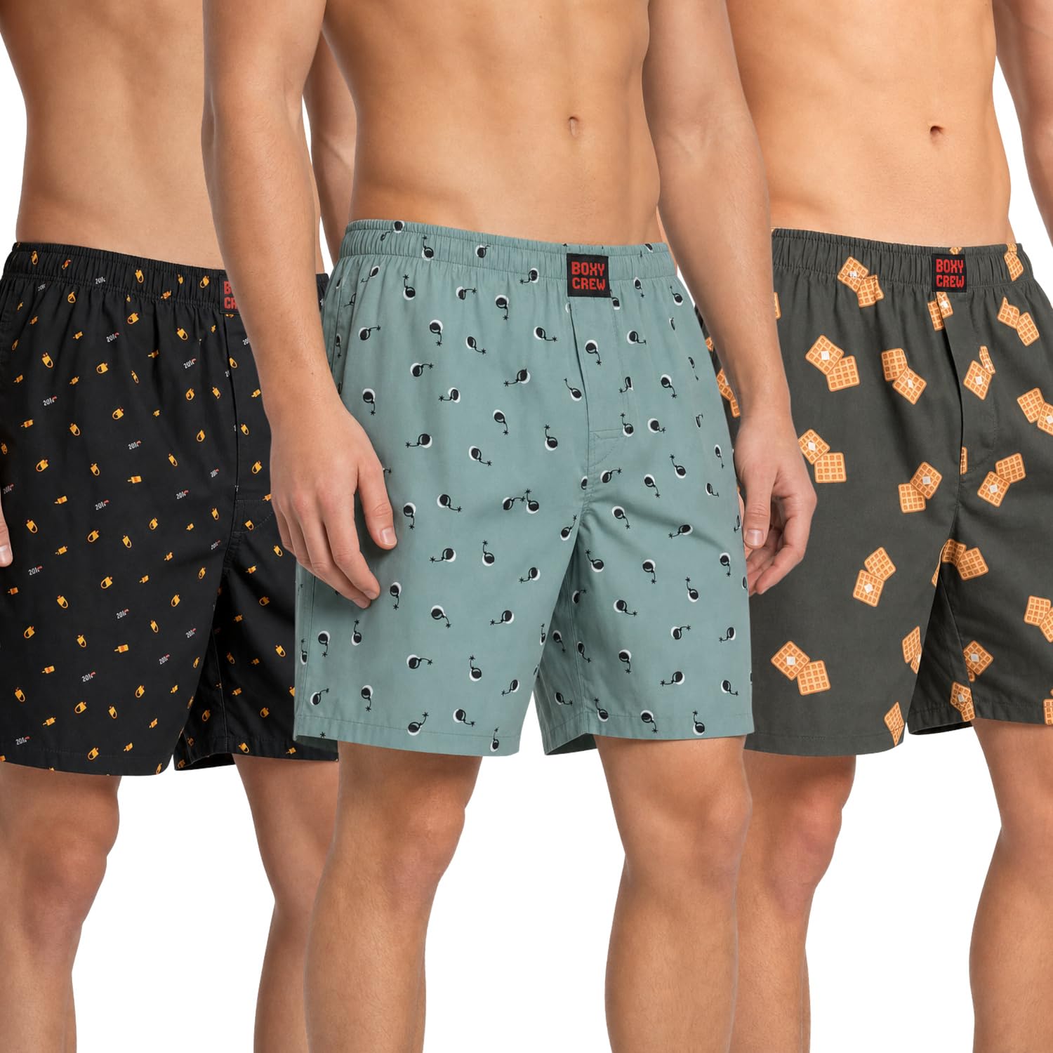Men's 100% Cotton Printed Boxer Shorts Pack of 3 with Dual Side Pockets and Fabric-Covered Waistband - Black/Green/Brown, Styles MBX016, MBX023, MBX030-picture-10