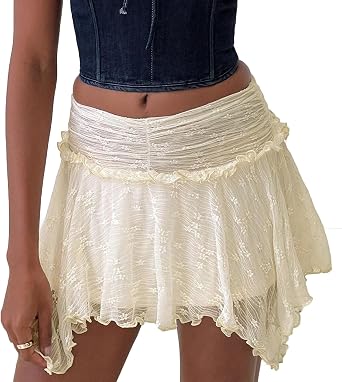 ICNGLKSND Women Y2K Lace Layer Skirt Asymmetrical Ruffle Mini Skirt Smocked See Through Flowy Summer Streetwear