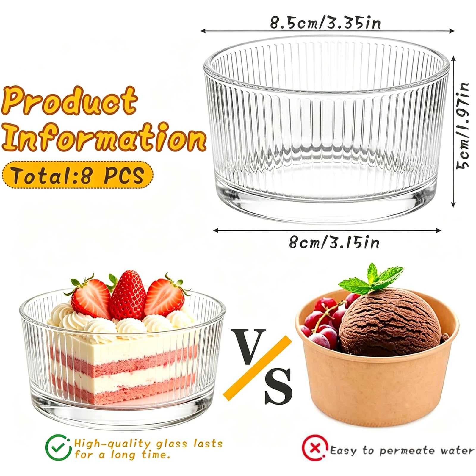 Set di 8 bicchieri da dessert trasparenti da 200 ml, per dessert, piccole ciotole da dessert in vetro, per tiramisu, panna cotta, gelato, budino, cereali yogurt, marmellata e dolci (verticale)