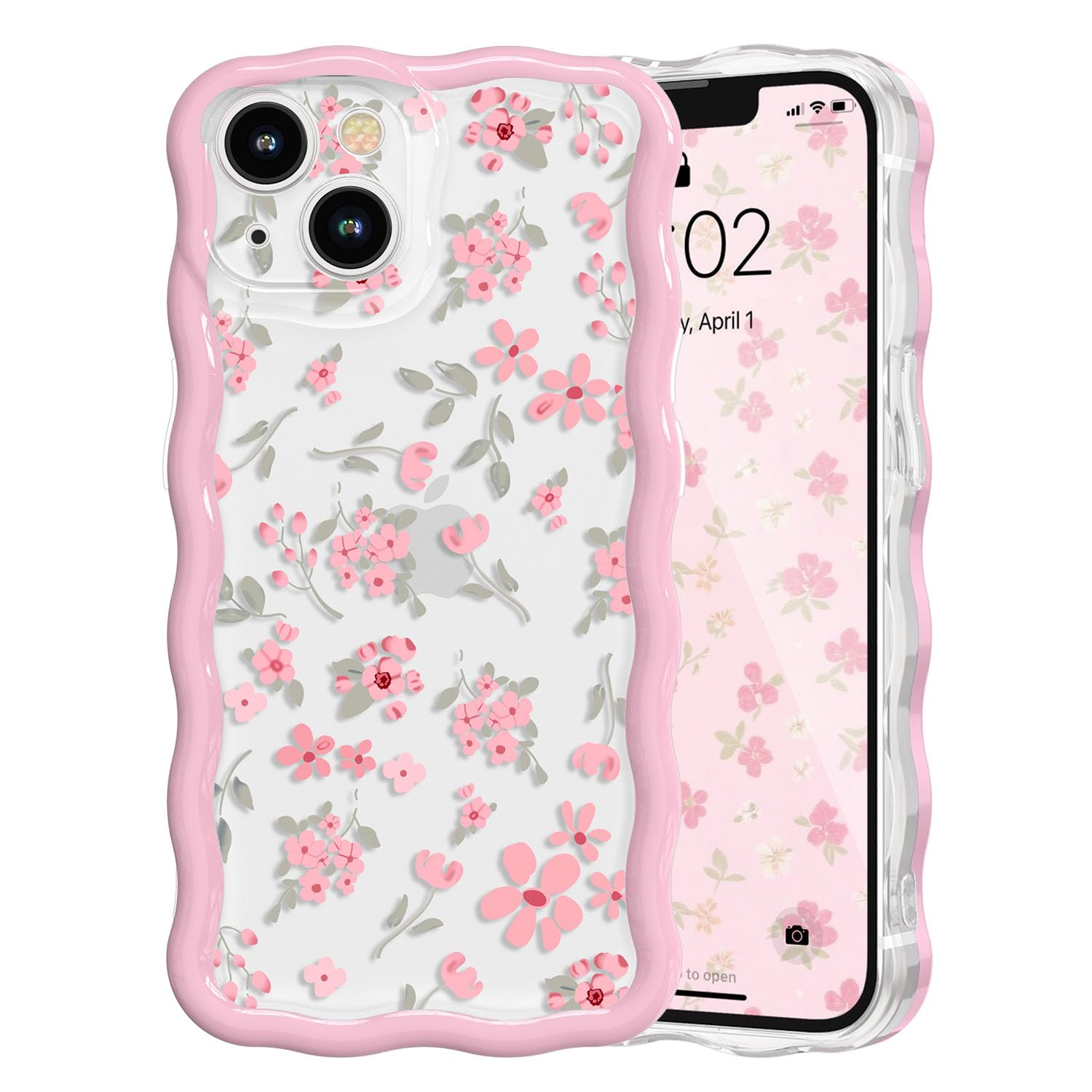 QLTYPRI for iPhone 14 Pink Flower Case Clear Cute Pink Floral Flower Phone Case Curly Wavy Aesthetic Phone