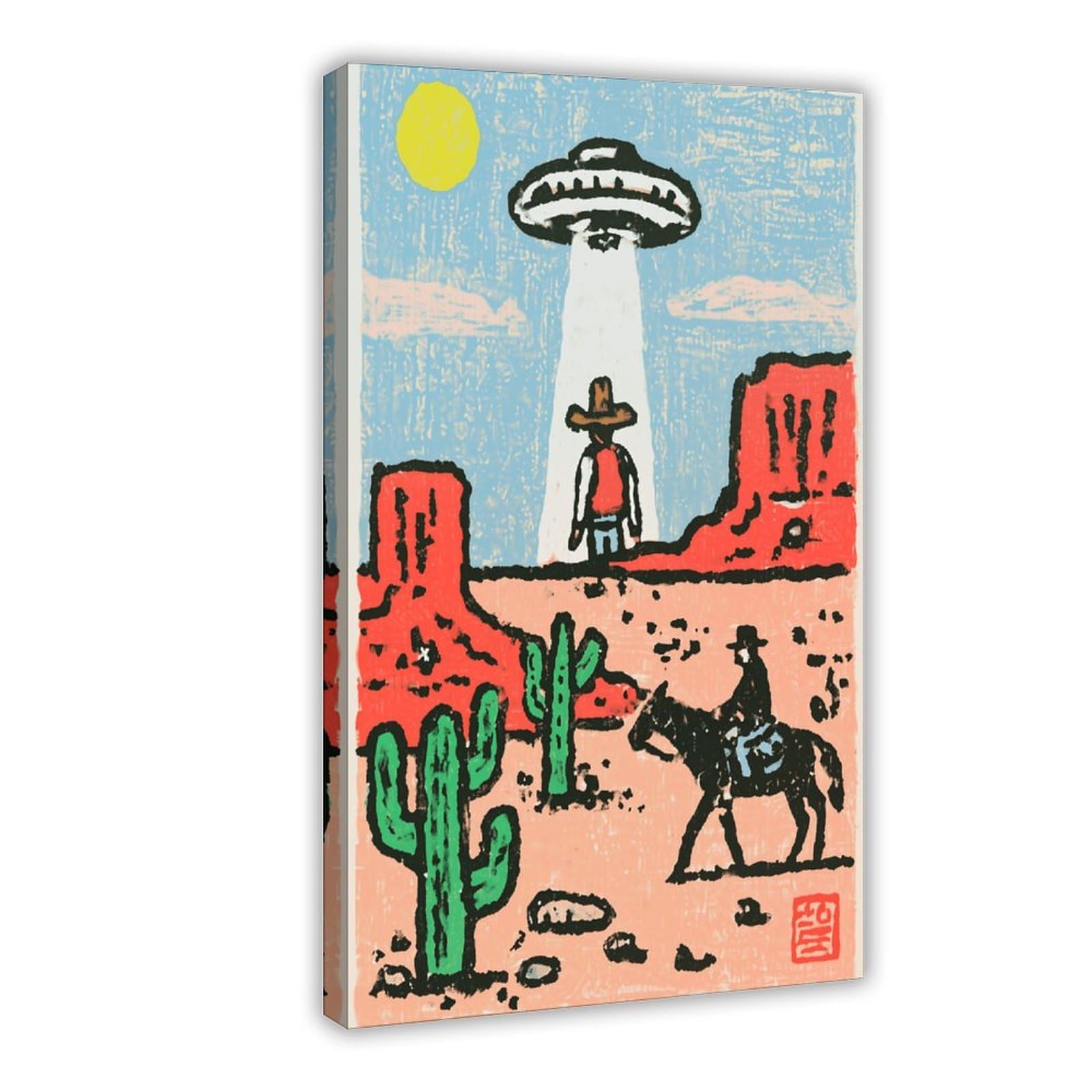 FDKLS Ufo Abducting Cowboy In Desert Poster(1) Canvas Poster for Office Decor Gift