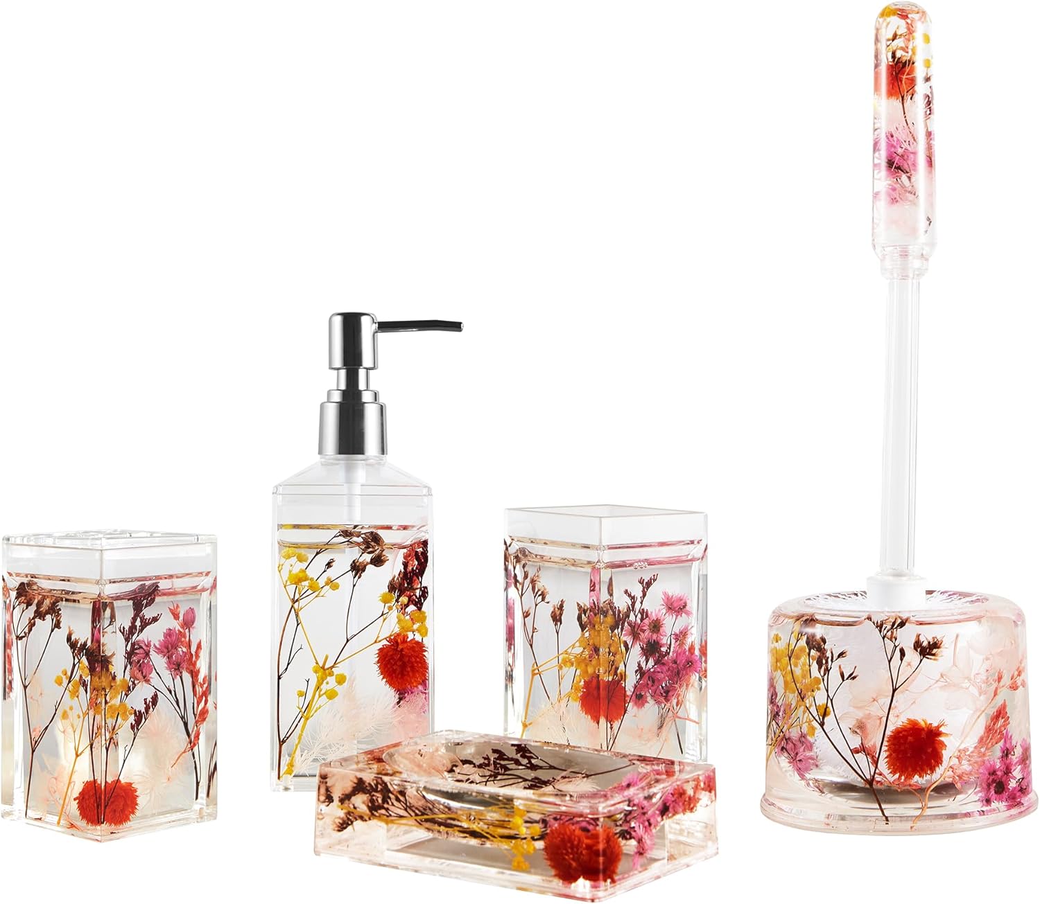 Locco Decor 5 Piece Acrylic Liquid 4D Floating Motion Bathroom Vanity Accessory Set Garden Botanic Pink Plants Toothbrush Holder, Tumbler, Soap Dispenser, Soap Dish, Toiletbrush Holder Set