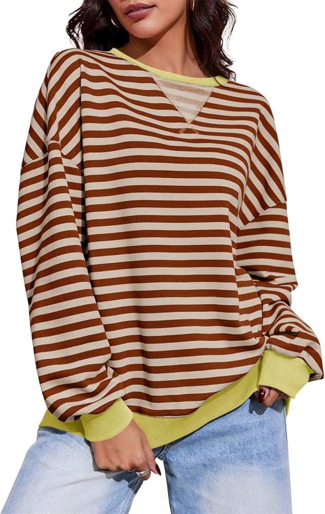 Fisoew Womens Striped Oversized Sweatshirt Color Block Crew Neck