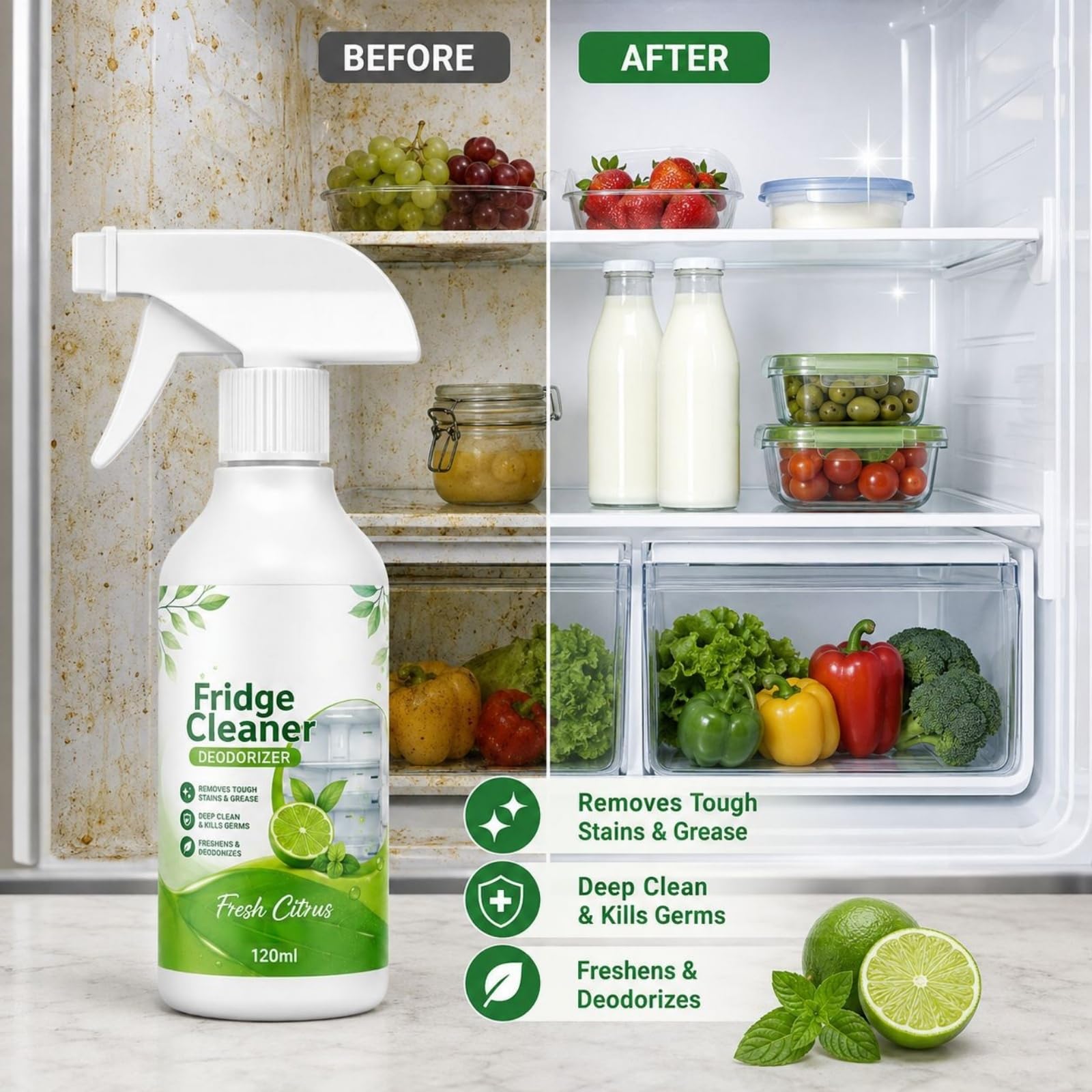 Spray per la pulizia profonda del frigorifero, deodorante per frigorifero per odori, macchie, grasso, fuoriuscite, scaffali interni, cassetti, guarnizioni per porte, soluzione per (6pcs)