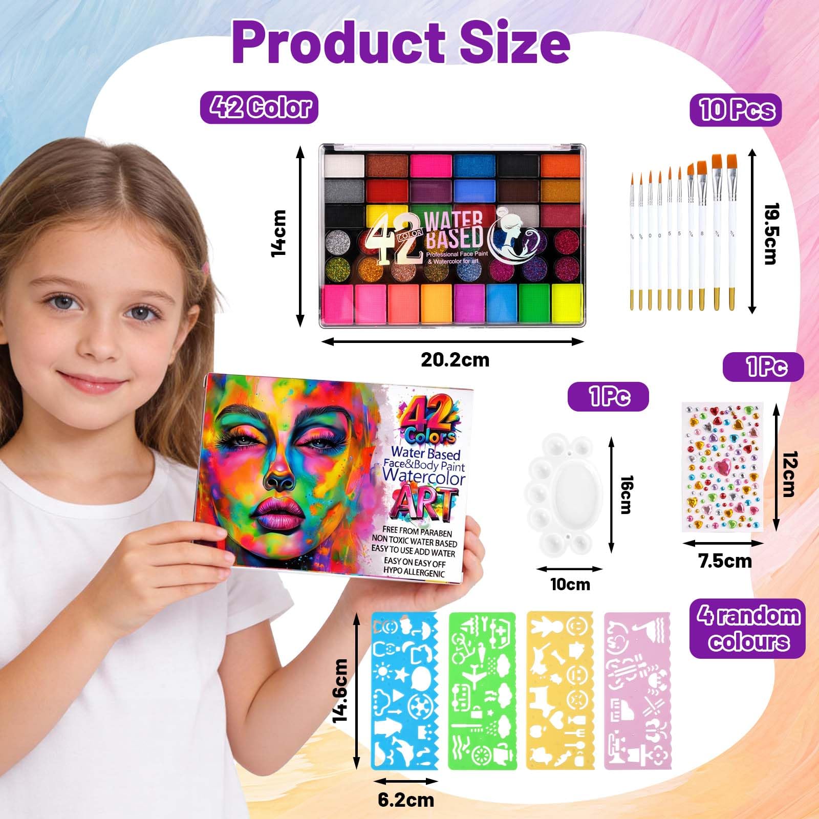 Body Painting, 42 Colori Truccabimbi Kit con 10 Pennelli e 4 Modelli per Tatuaggi, Non Tossico Trucco Viso a Base d'acqua, Trucca Bimbi Viso Bambini per Carnevale, Pasquale, Halloween