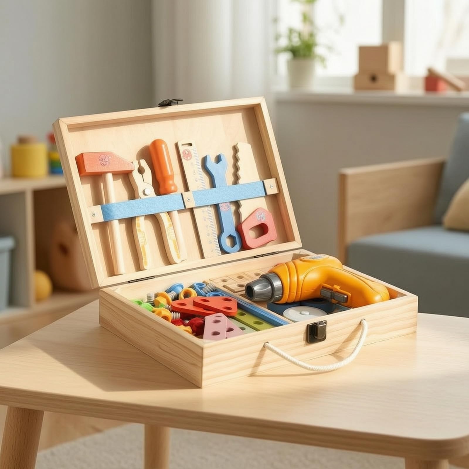 Baoblaze Cassetta Degli Attrezzi per Bambini Valigetta Attrezzi Banco Montaggio Martello Chiave Inglese Trapano Giocattolo in Legno E Plastica con Grafica