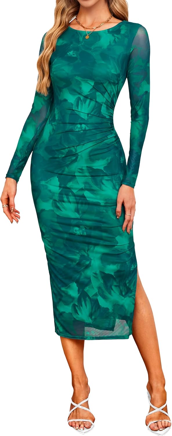 oten Women's Long Sleeve Floral Print Mesh Ruched Bodycon Midi Cocktail Wedding Guest Party Club Dress