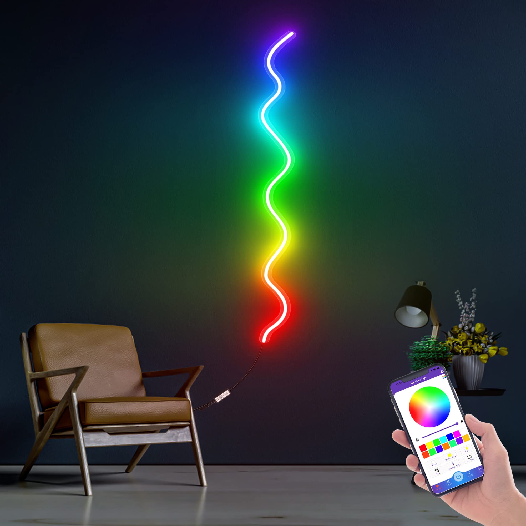 BRILLIHOOD Squiggle Neon Sign, LED RGB+IC Neon Lights USB Wave Neon Sign Dimmable Art Decoration Neon Light Sign for Wall Decor, Bedroom, Living Room, Party, Gifts, Christmas