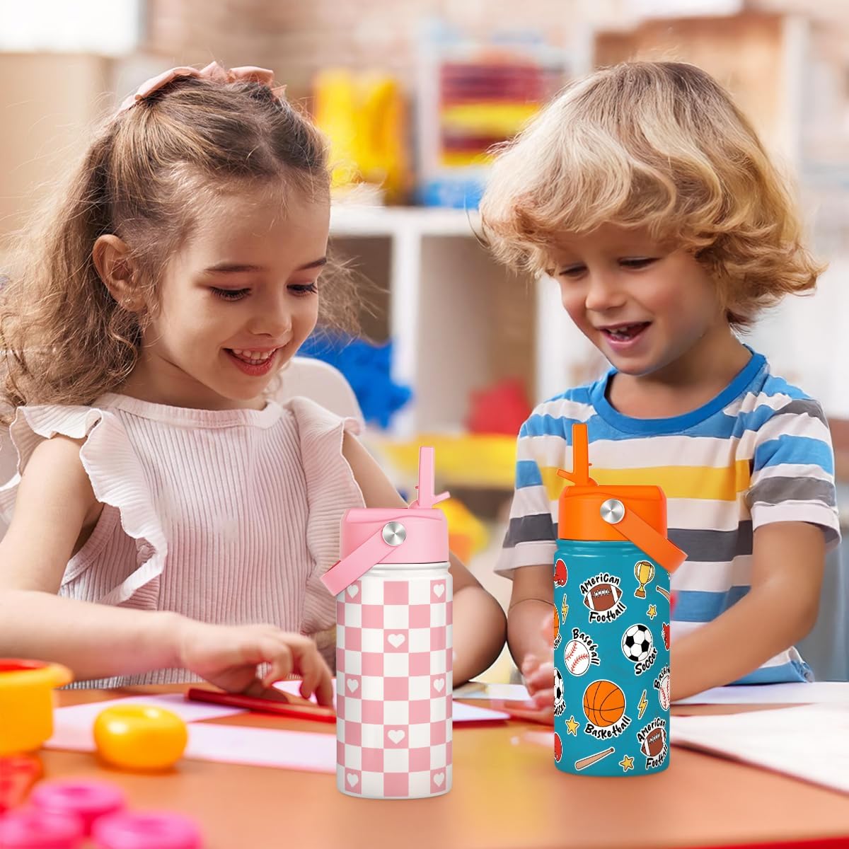 Checker Print Kids Water Bottle With Straw Lid 12oz Insulated Stainless Steel, Travel Tumbler, Pink Bow Gifts For Girls, Birthday, Christmas, Back To School - Image 4