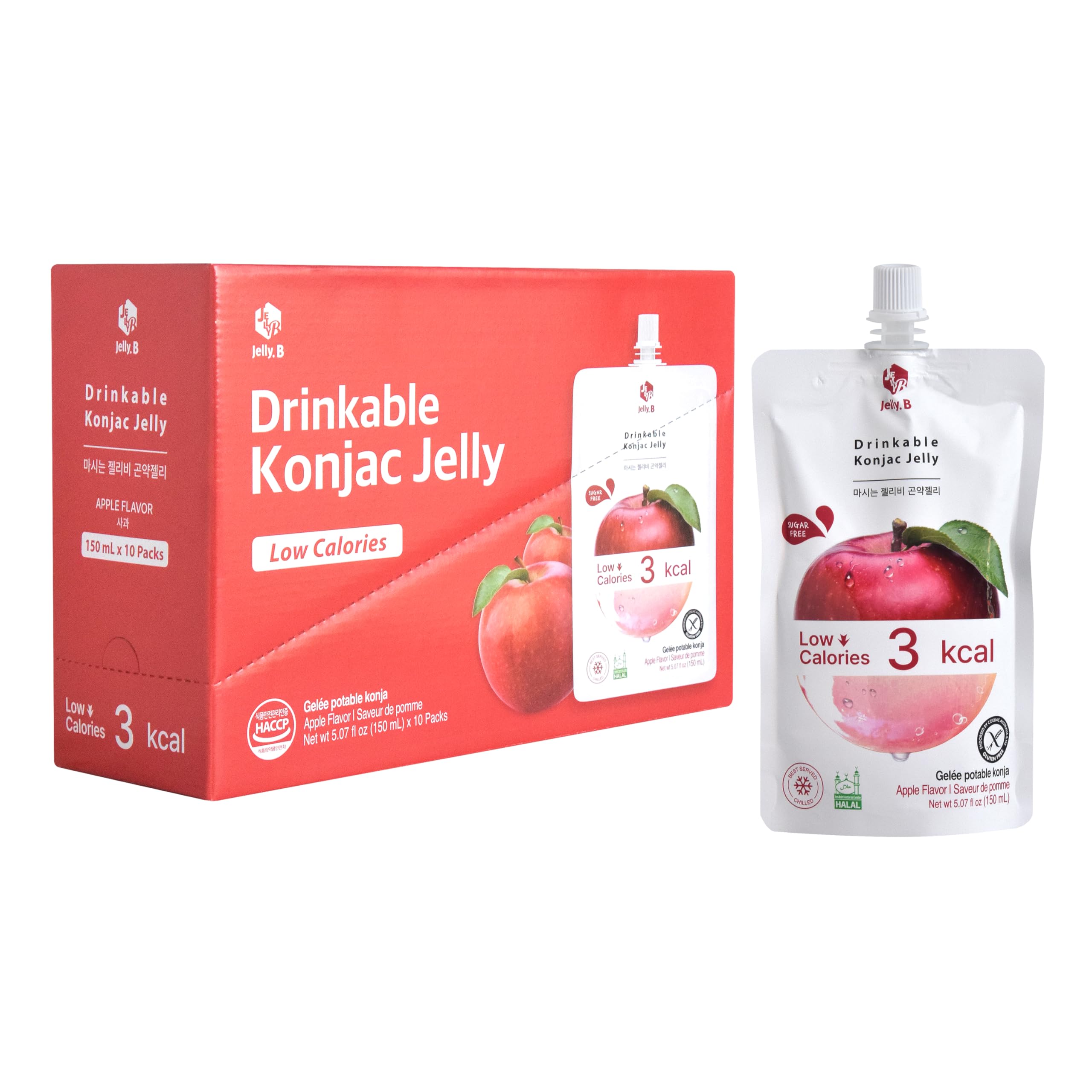 JELLY B Drinkable Konjac Jelly (10 Packs of 150ml) - 0 Gram Sugar, Only 6 kcal Each Packets (Apple)