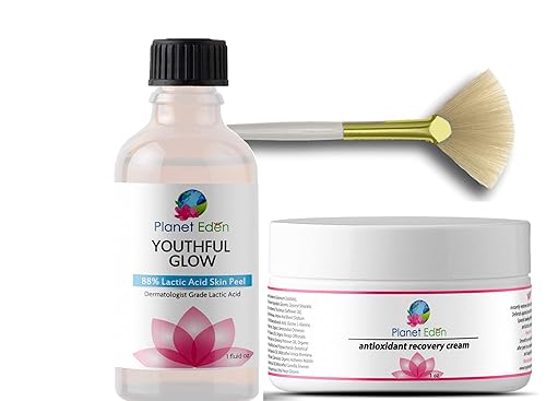 Planet Eden 88 ácido láctico piel química kit de pelar con crema de recuperación antioxidante y cepillo de ventilador ácido alfa hidroxiácido que
