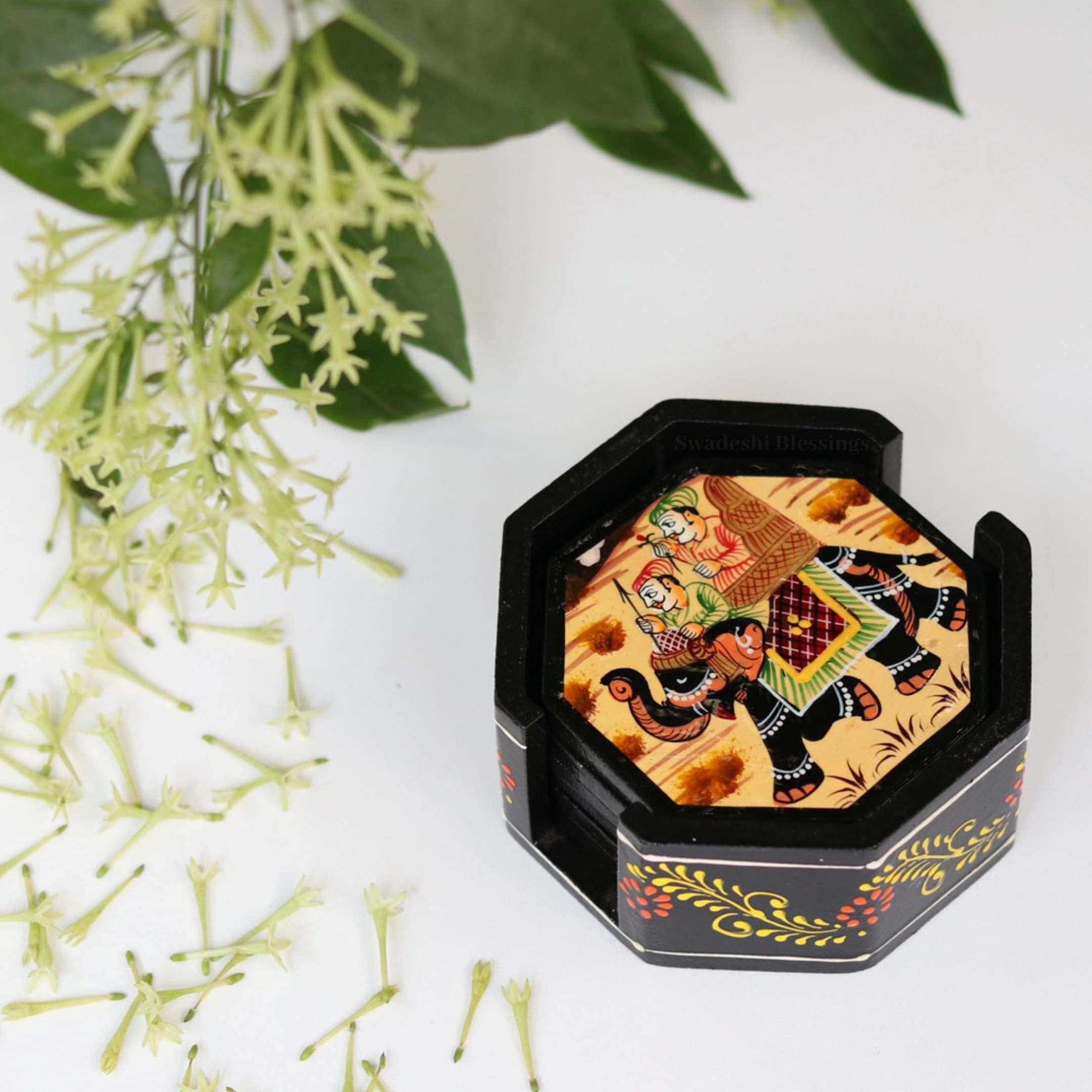 Swadeshi Blessings Wooden Octagonal Coffee/Tea Coasters Set- Handcrafted & Hand-Painted for Kitchen/Table & Home Decor/Dinning/Gifts/Restaurants/Living Room/Coffee Table (Set of 6) (Black)