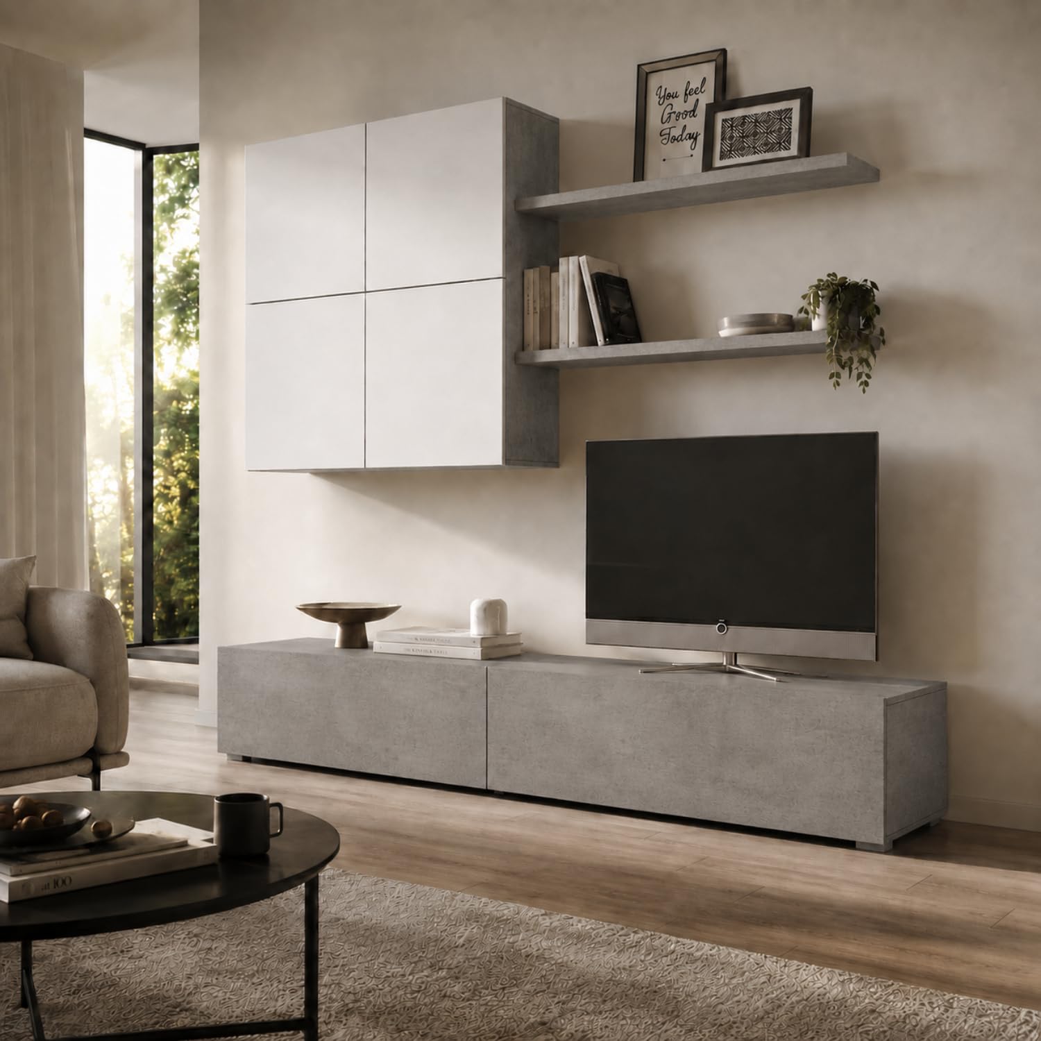 Arreditaly Parete Attrezzata Mobile Soggiorno Moderno Con Base TV 2 Ante Pensile 4 Ante e 2 Mensole Design Contemporaneo in Melaminico Facile da Pulire 200 x 194 x 40 cm Bianco e Grigio Cemento