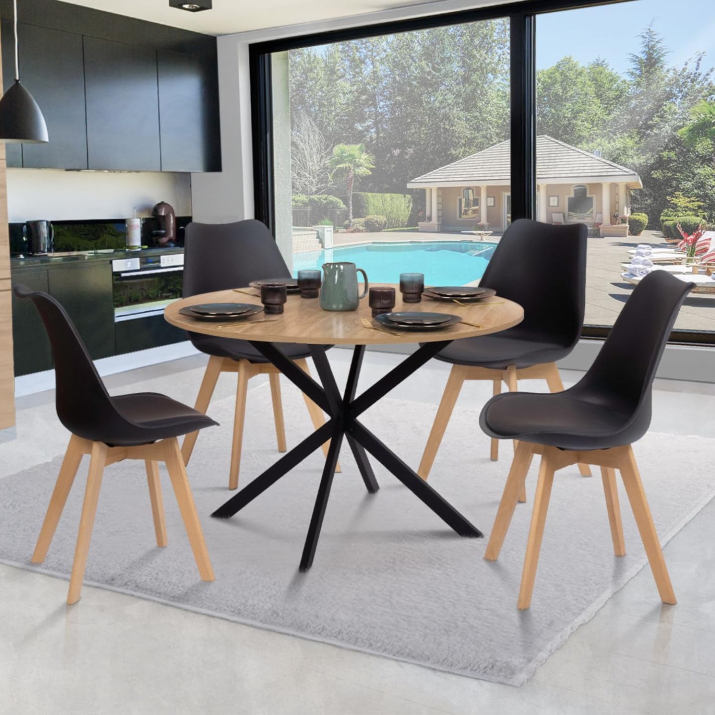 IDMarket - Ensemble Table à Manger Ronde Alix 110 cm Bois et Noir et 4 chaises SARA Noires