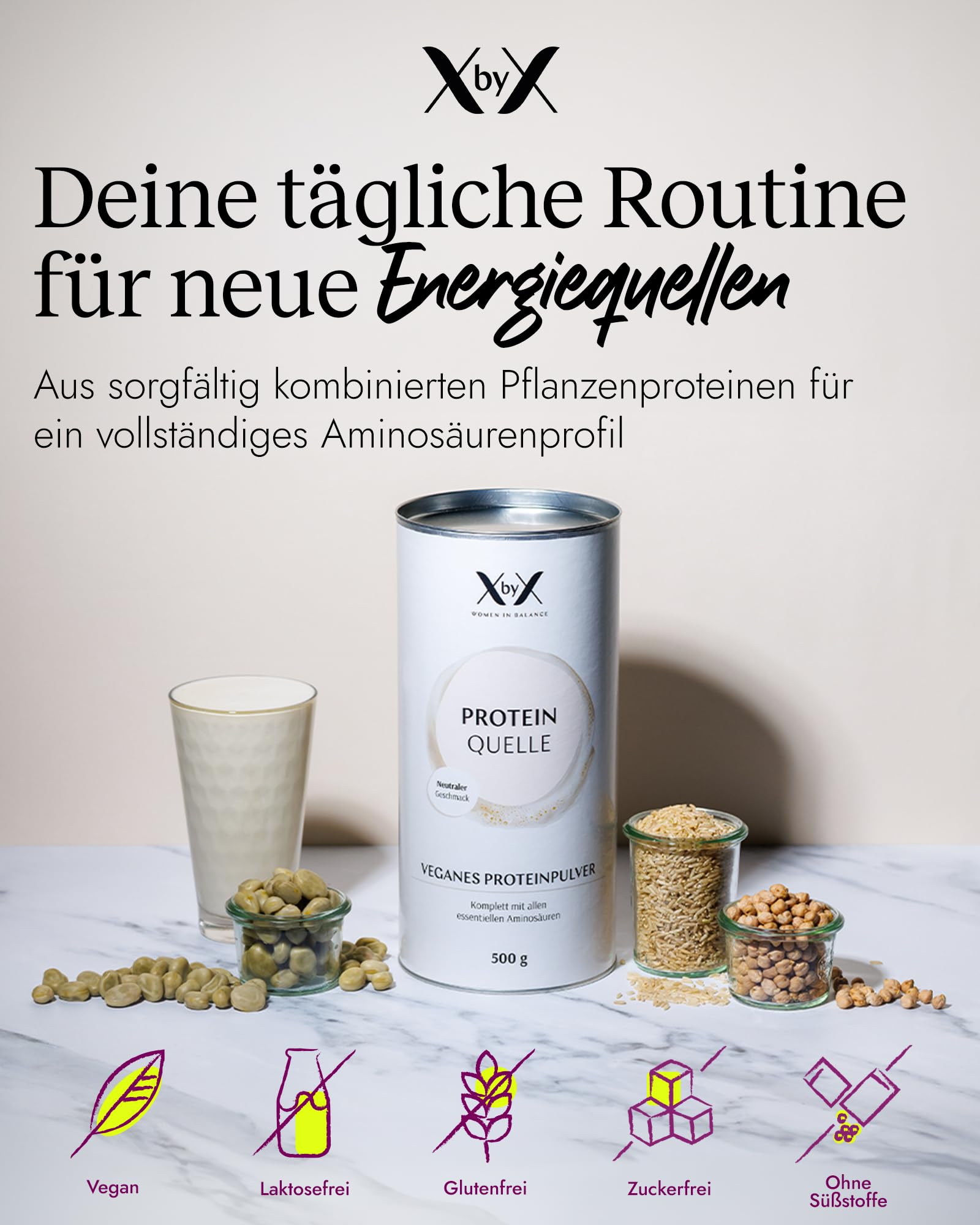 XbyX Protein Quelle 500 g - Neutraler Geschmack - 20 g Protein pro Portion - aus Favabohne, Reis & Kichererbse - komplettes Aminosäureprofil - vegan