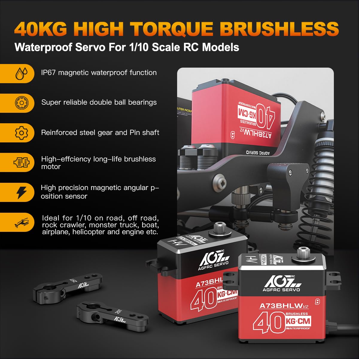AGFRC A73BHLW V2 40KG IP67 Waterproof Brushless 110 RC Servo | Full Metal Gears HV Programmable Digital Servo with 25T Metal Horn Ideal for 110 RC Cars Boats & Crawlers product thumbnail 4