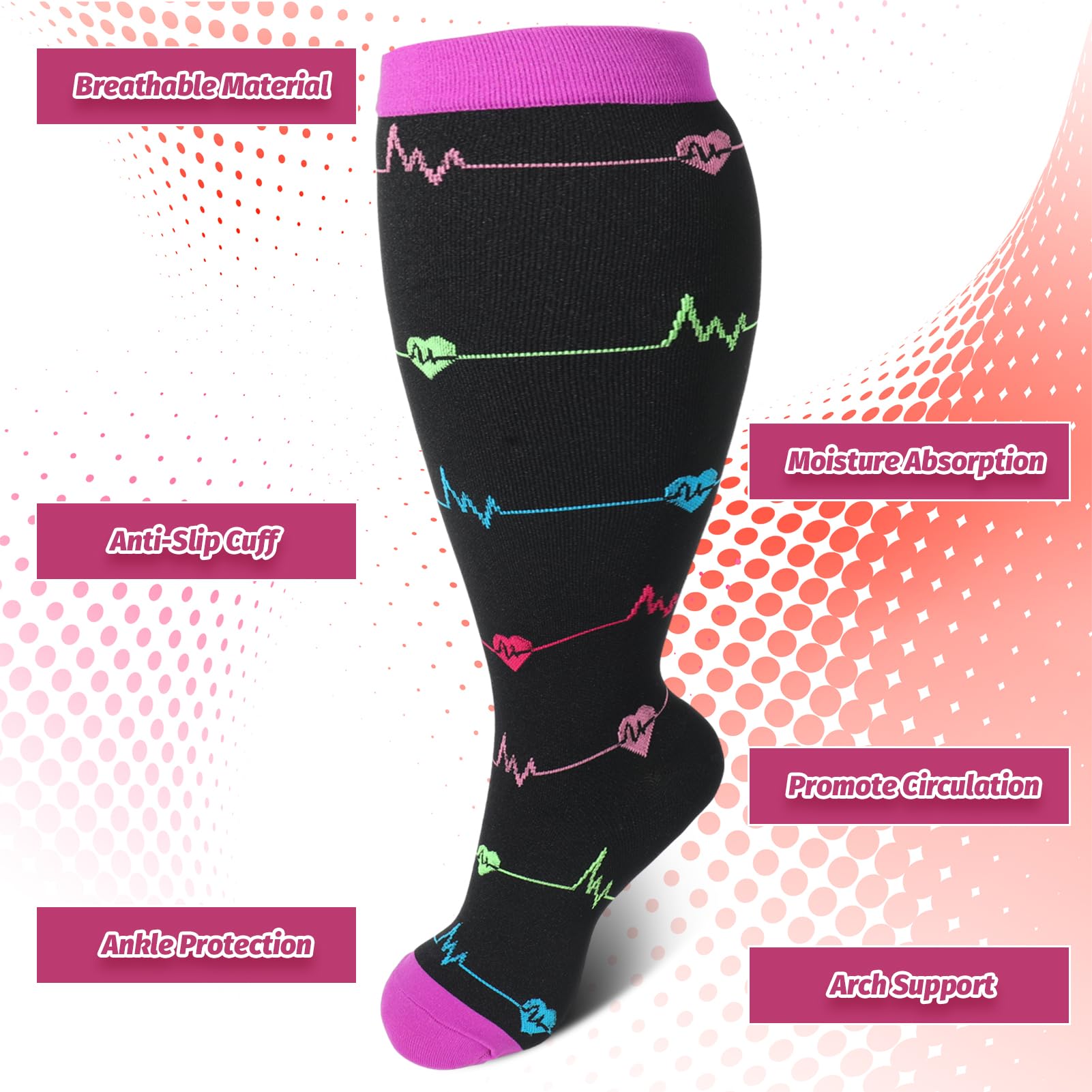 Radsocken 4 works of Compression Socks for Women 2XL Plus Size Wide Calf Compression Socks for Flying Pregnancy - Image 3