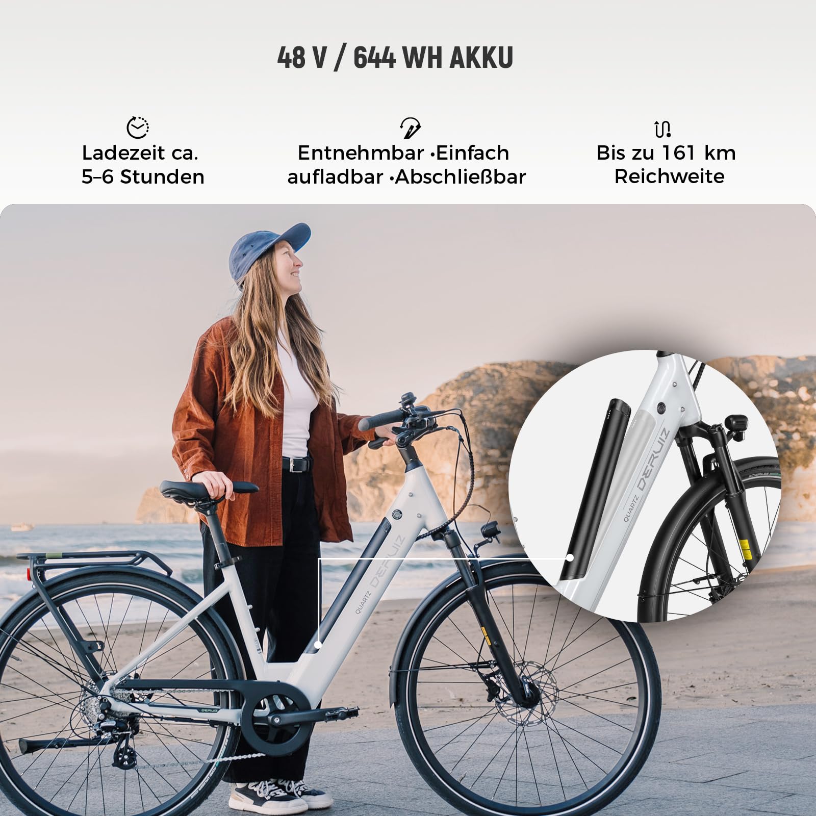 DERUIZ Vélo électrique Quartz E 28" pour homme et femme avec capteur de couple et freins hydrauliques, batterie 48 V 13,4 Ah, portée jusqu'à 161 km, dérailleur à 8 vitesses, vélo de ville Pedelec