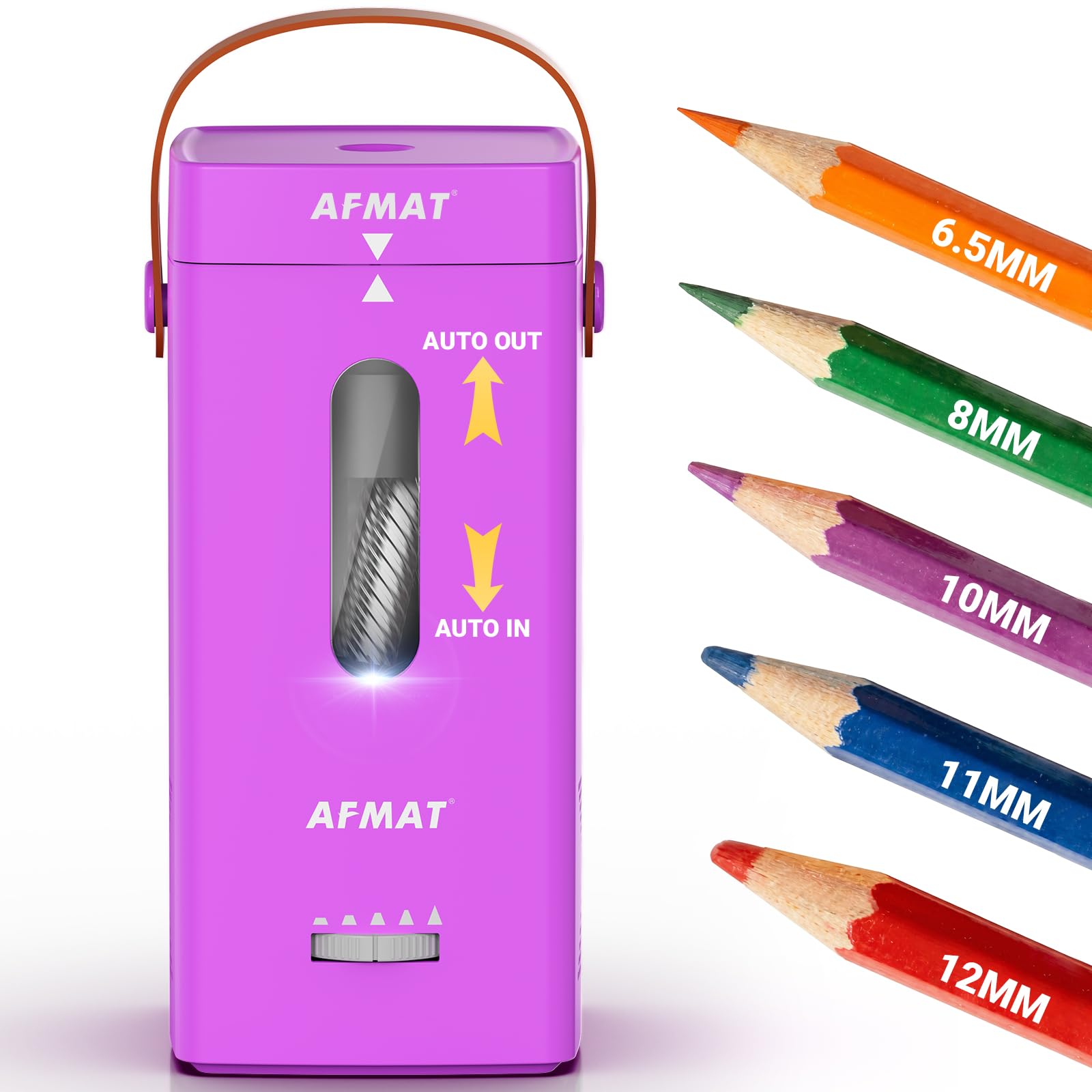 AFMAT Fully Automatic Electric Pencil Sharpener,Hands-Free Portable Rechargeable Sharpener for 6.5-12mm Large Color Pencils, 5 Tip Settings, 7K+ Uses for Teacher Artist Office Home Use, Purple, PSC6