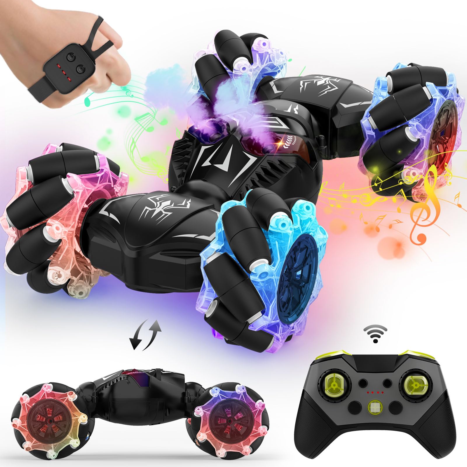 SAUFTTI Gesture RC Cars, Hand Controlled Stunt Car Toys for 6-12 yr Boys Girls, 2.4GHz Gesture Sensor Remote Control Cars, 4WD Double Sided RC Twist Car with Light Music for Kids Birthday Xmas Gift