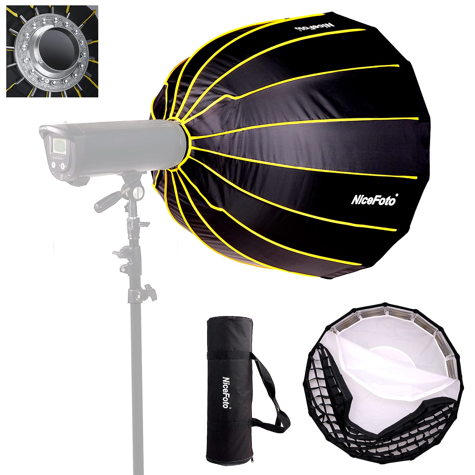 NiceFoto Parabolic Softbox with Bowens Mount and Grid,Hexadecagon Portable Softbox for LED Video Lighting and Other Bowens Mount Lights（27inch/70cm）