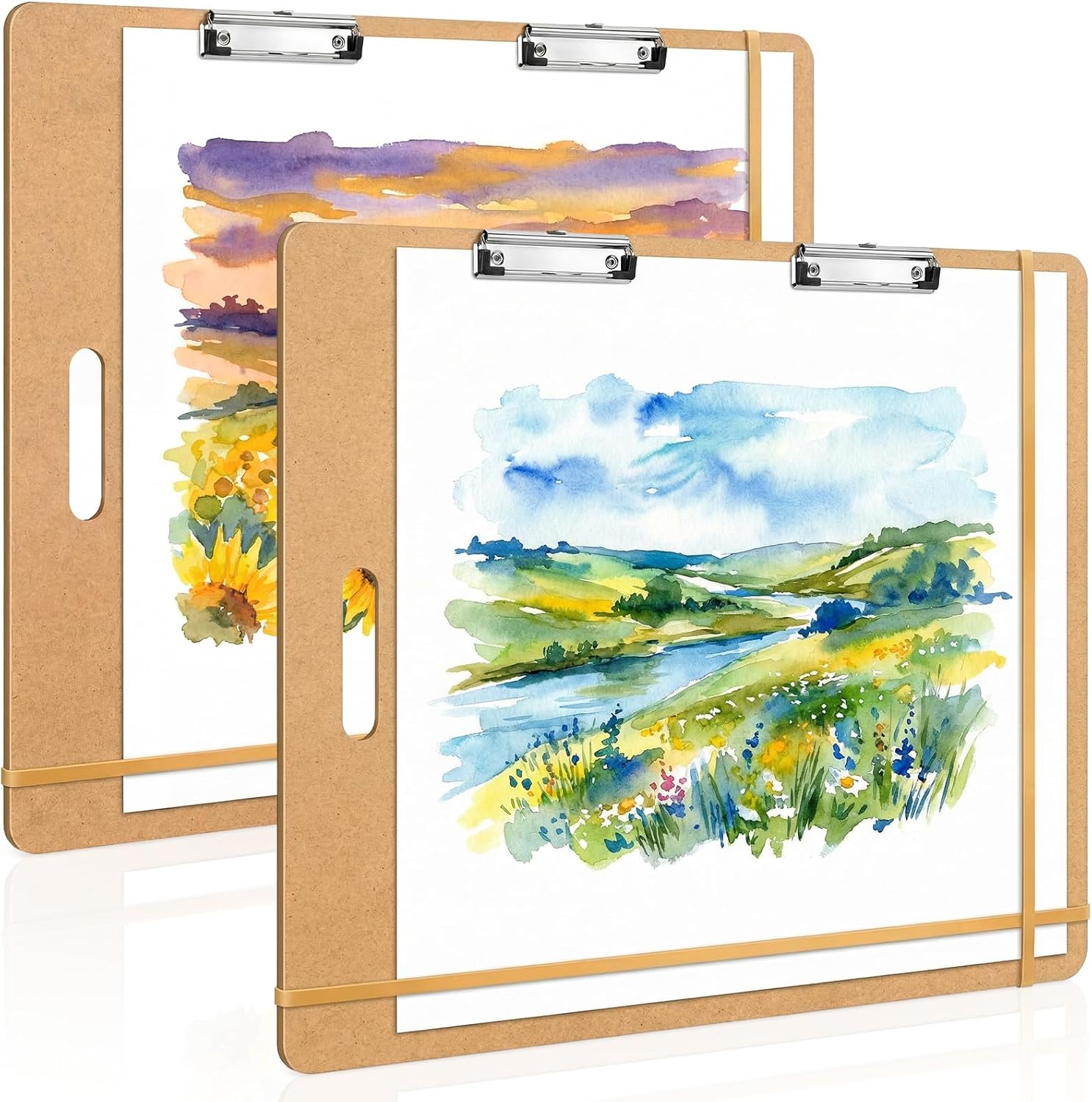 Gerrii 2 Pcs 23" x 26" Wooden Drawing Boards, Large Sketch Boards with Handle, 2 Sturdy Clips & 2 Elastic Bands, Portable Art Clipboards for Artists Sketching Drafting Drawing & Painting