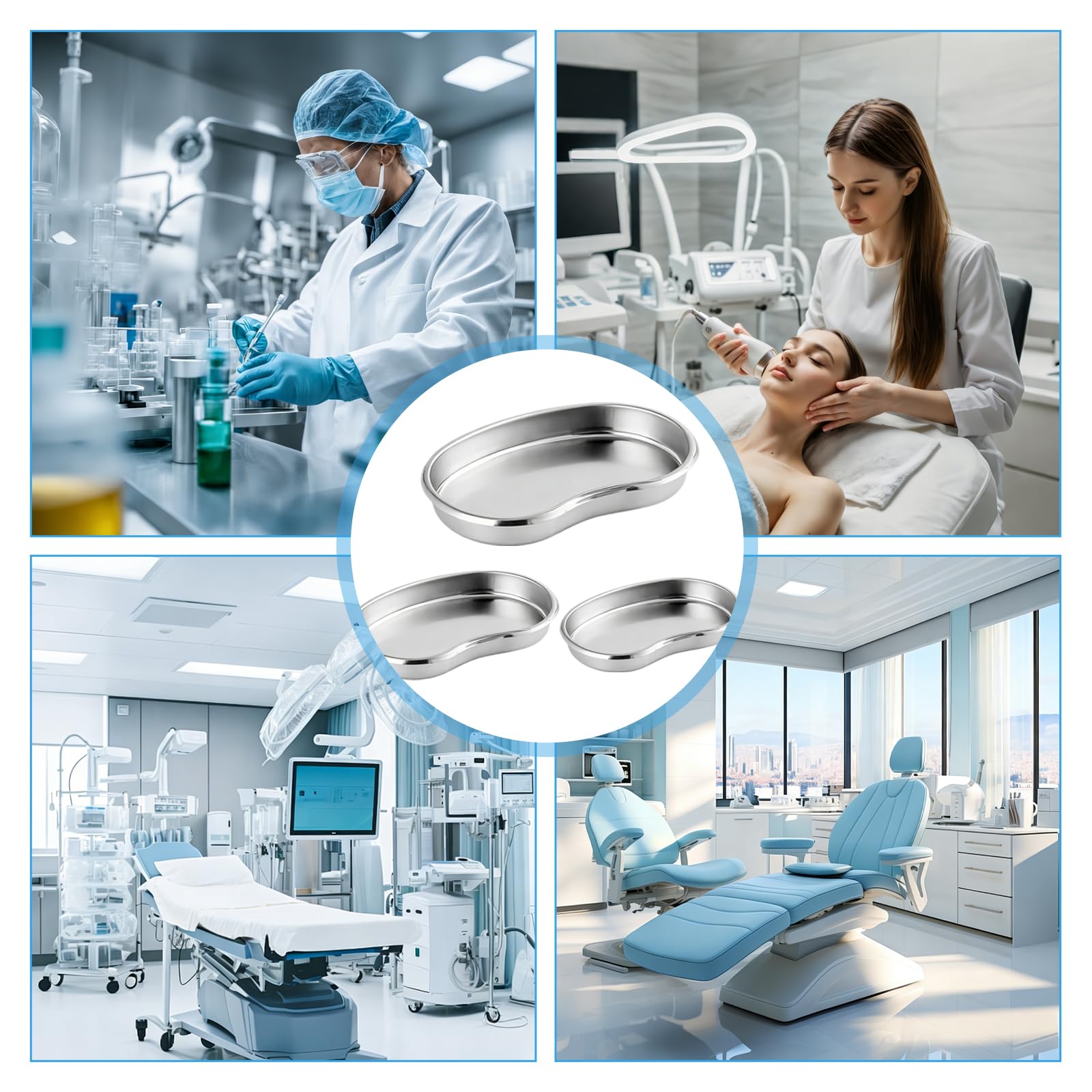 3 vassoi a forma di rene, vassoio in acciaio inox, vassoio per reni in acciaio inox, vassoio da laboratorio riutilizzabile, per strumenti, dentale, tatuaggio, organizzatore da bagno