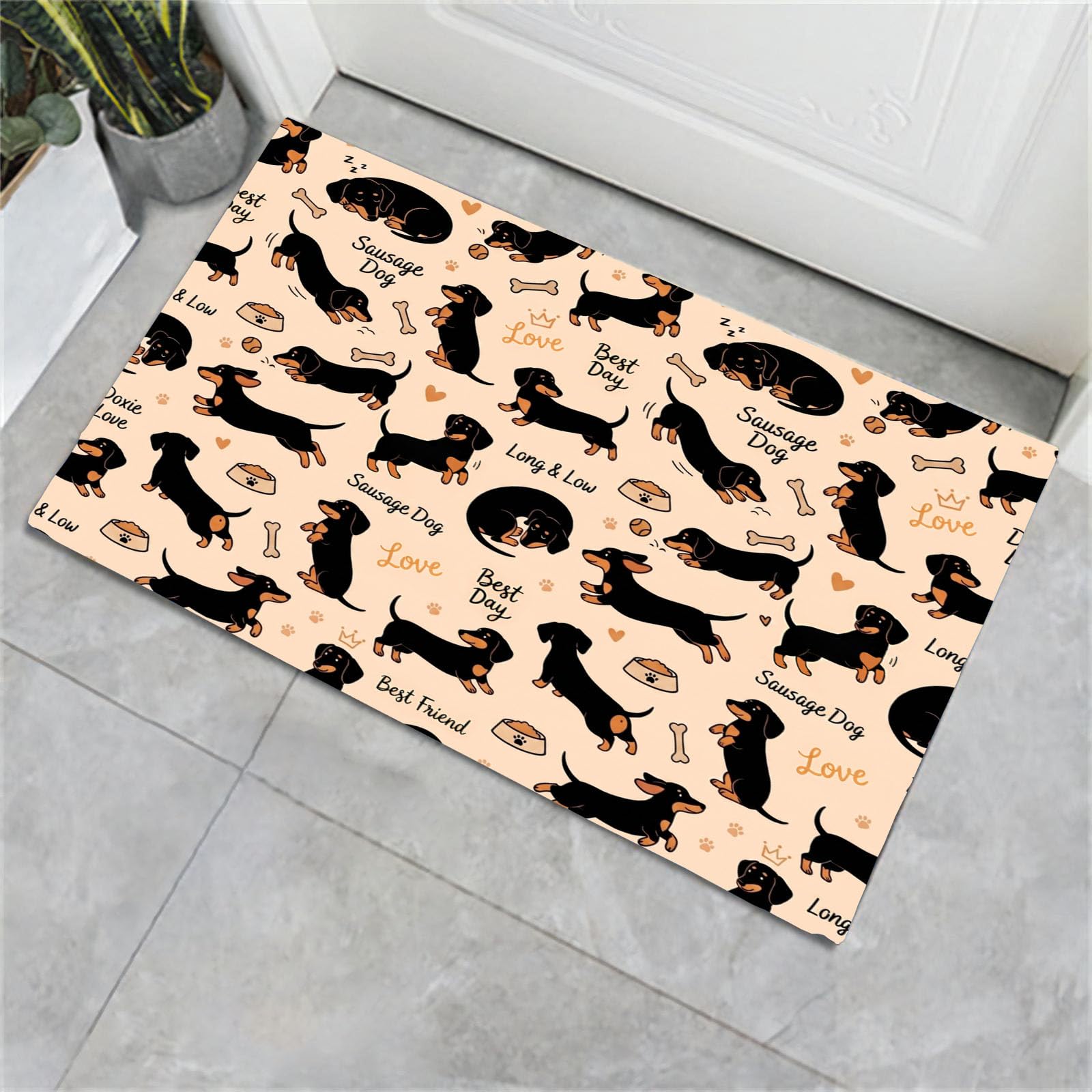 Tapis Teckel dessin animé 90x150cm - Paillasson de bienvenue noir beige lavable