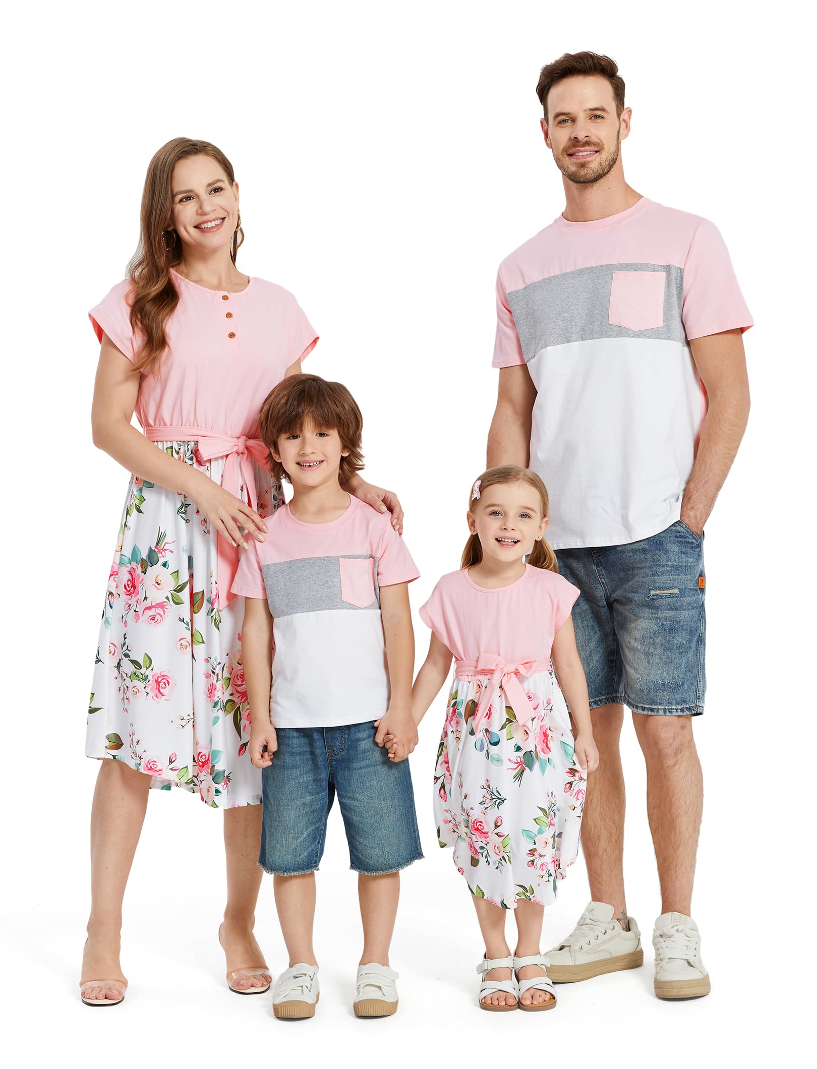 PATPAT Family Matching Outfits Short Sleeve Belted Spliced Pattern Print Dresses and Casual T-Shirts Matching Sets