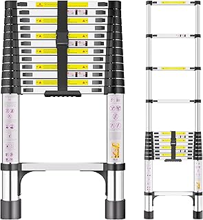 Échelle Télescopique 3,8m en Acier Inoxydable, Échelle Extensible avec Pieds Antidérapants, Échelle Portable à Hauteur Réglable pour Grenier, Toiture, Camping-Car, Décoration et Entretien
