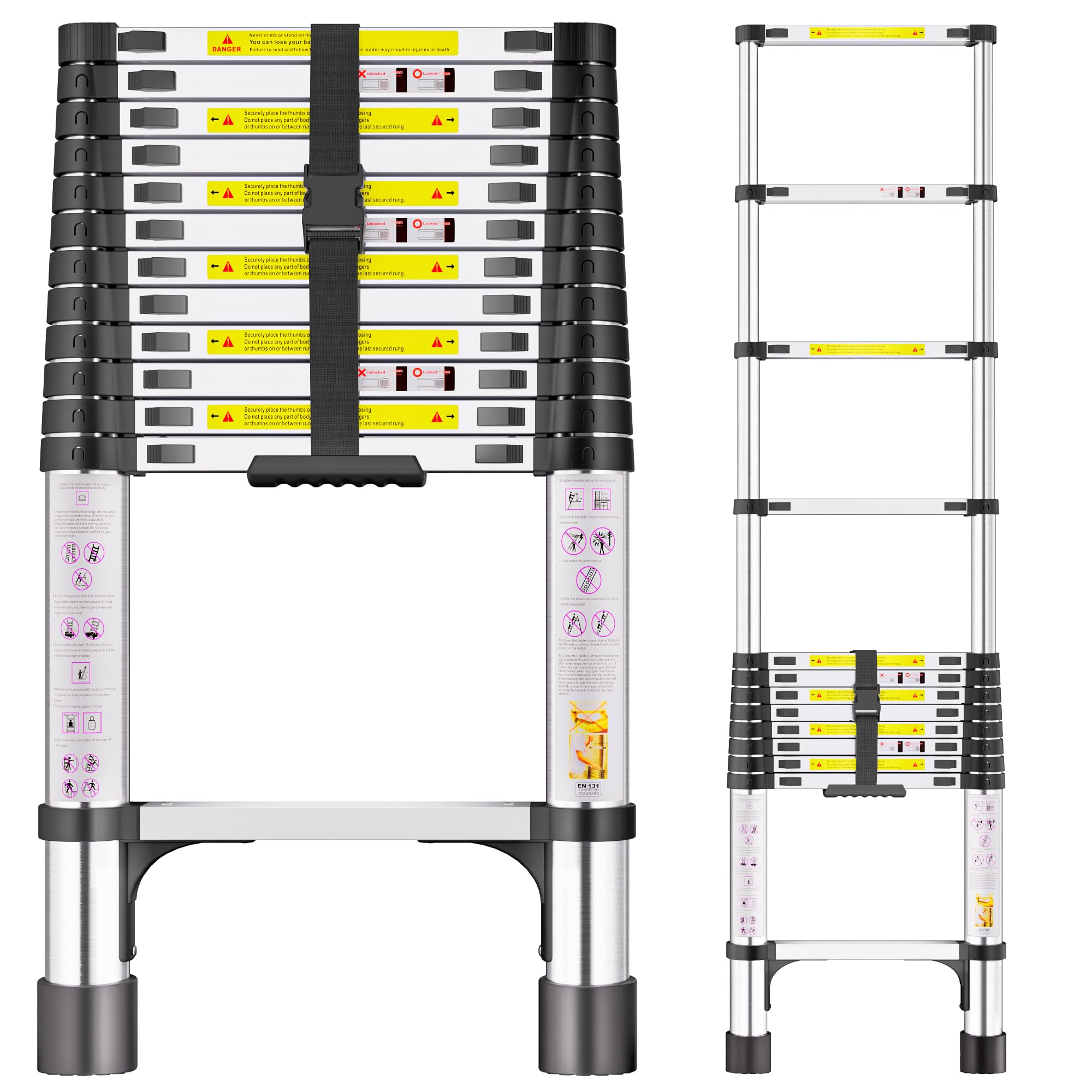 Escalera telescópica de Acero Inoxidable, 3,8m Escalera Extensible Portátil con Patas Antideslizantes, Ideal para áticos, techos, autocaravanas, decoración y Mantenimiento