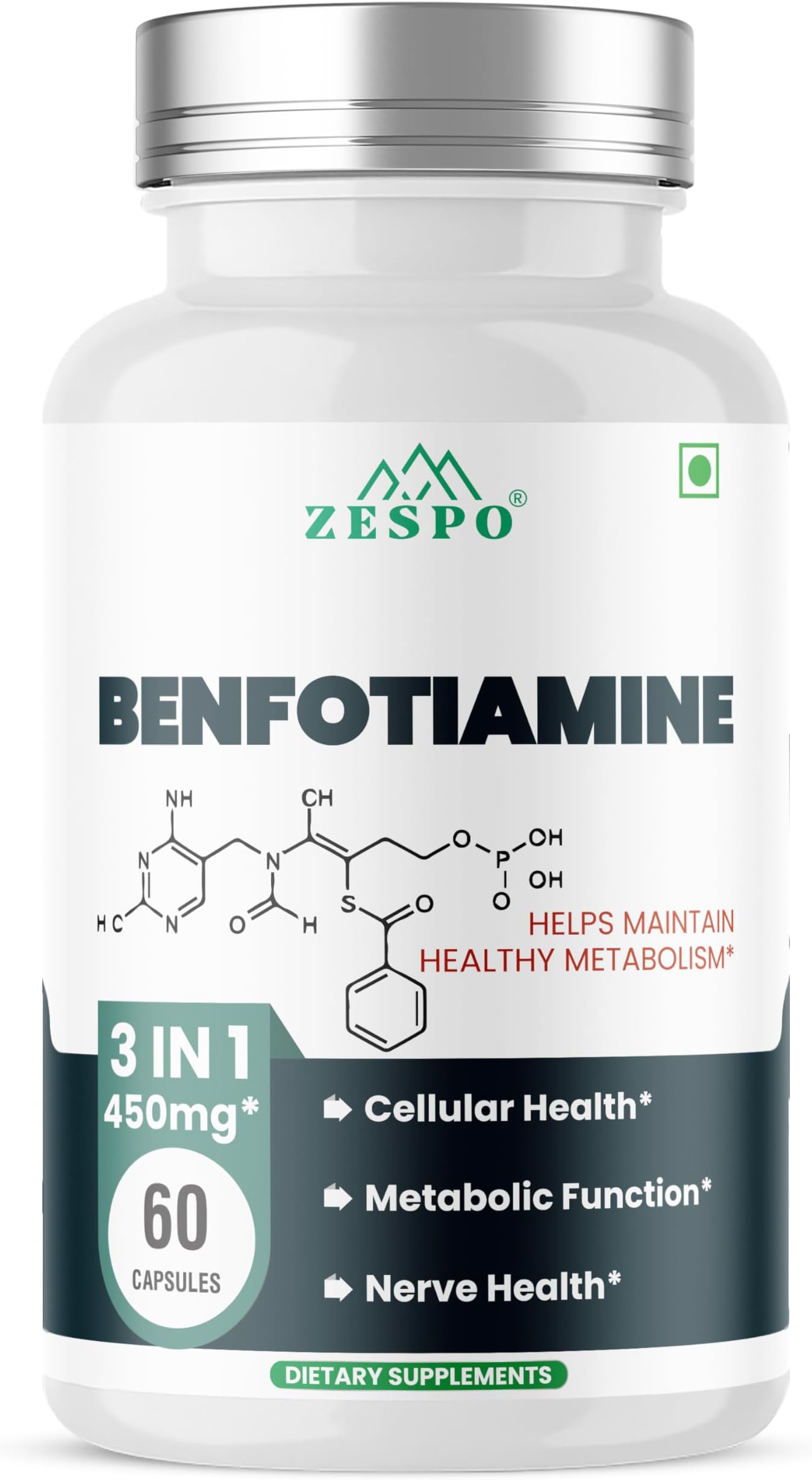 ZESPO Benfotiamine 450mg – Vitamin B1 60 Capsules With Alpha Lipoic Acid & L-Leucine Vegan, Non-GMO, Antioxidant Supplement
