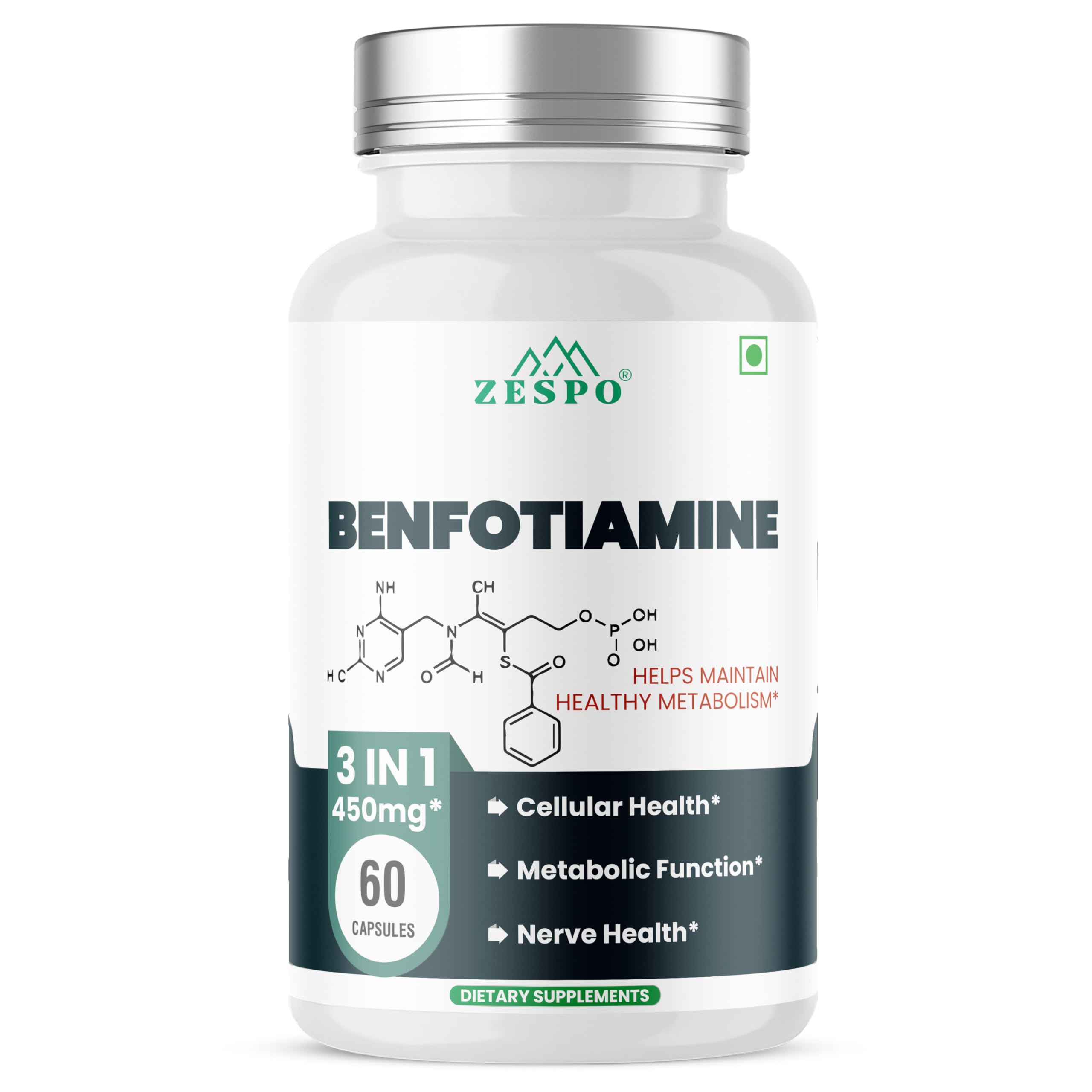 ZESPO Benfotiamine 450mg – Vitamin B1 60 Capsules With Alpha Lipoic Acid & L-Leucine Vegan, Non-GMO, Antioxidant Supplement