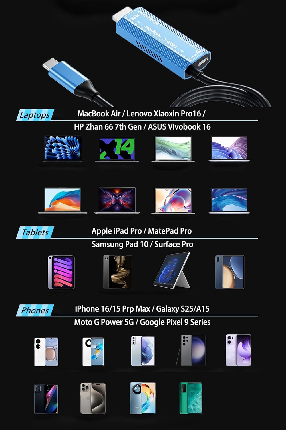 USB Type C to HDMI 2.1 Cable 8K@60Hz 6.6Ft with 100W PD Fast Charging,Thunderbolt 4/3 Adapter for Steam Deck,MacBook Pro,iPhone 16,4K@240Hz Gaming Monitor