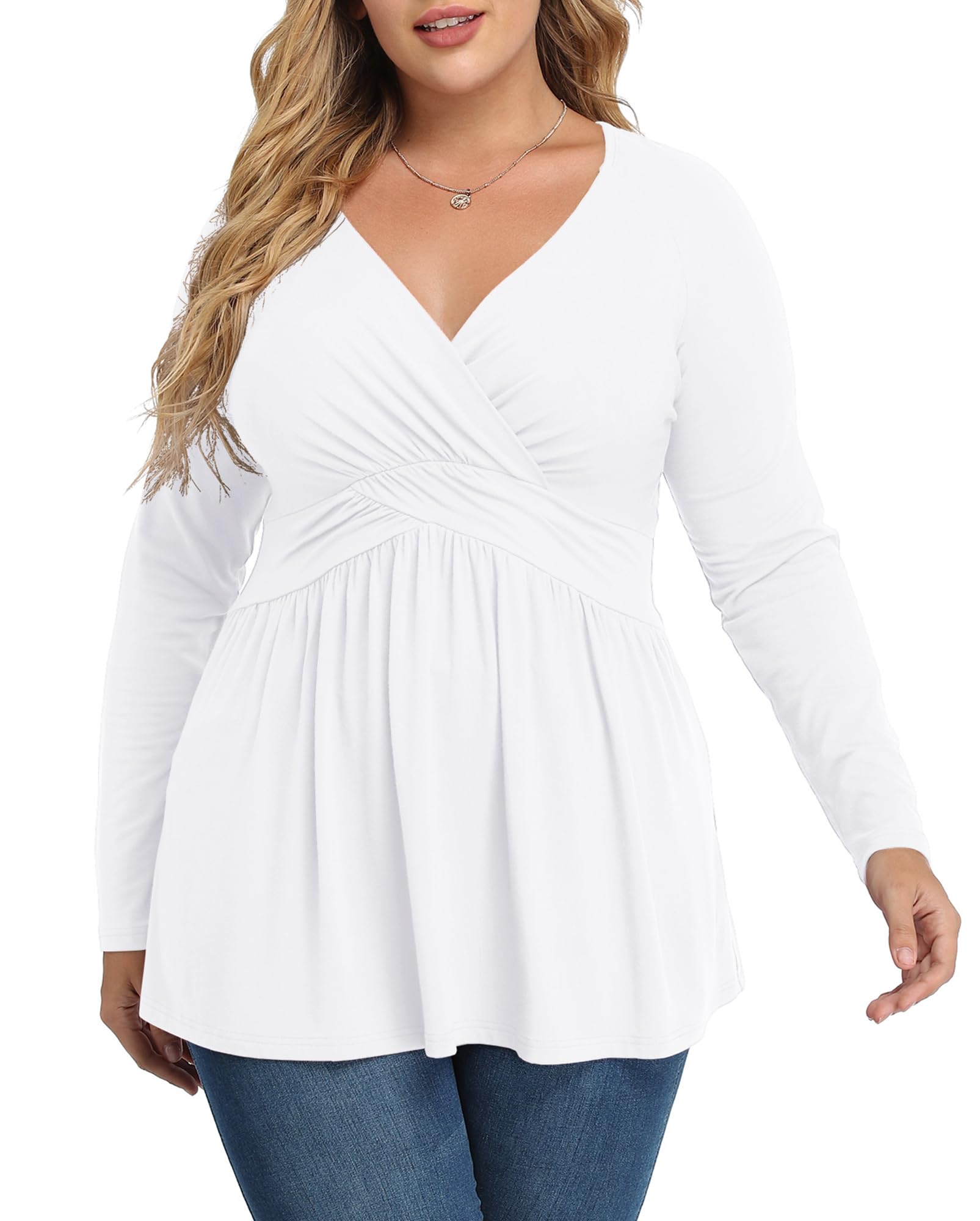 TIANZHU Women's Plus Size V Neck Long Sleeve Tunics Tops Lightweight Blouse Dressy Casual Top Ruched Trendy Clothes