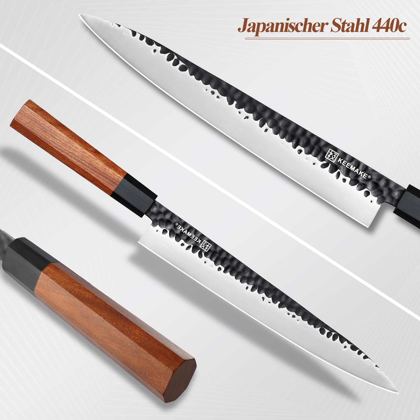 KEEMAKE Coltello Sashimi Giapponese Professionale - Coltelli da Cucina in Acciaio Inossidabile, Yanagiba Pesce 25 cm Lama Martellata, Manico in Legno