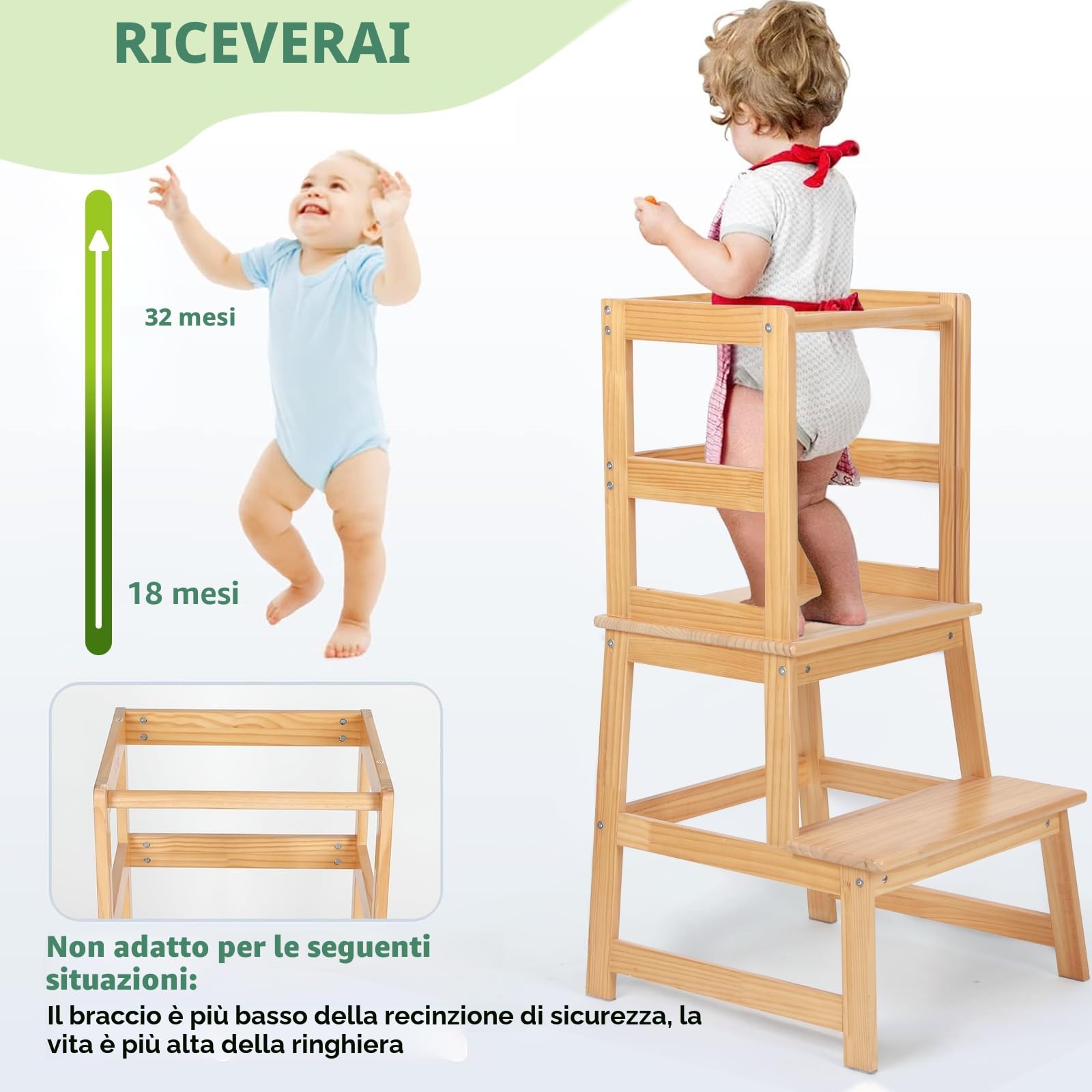 Torre Montessoriana per Bambini con Lavagna e Sbarra di Sicurezza, Sgabello Estraibile per Adulti, Naturale
