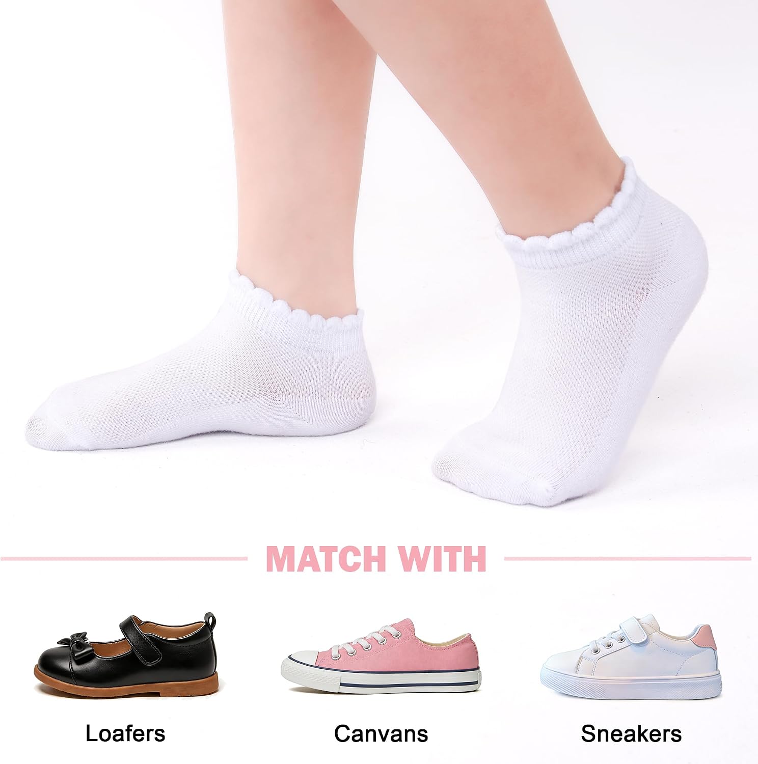 GENTABY 6 Pairs Girls White Ruffle Socks - Cute Frilly Cotton School Uniform Kids Crew Ankle Socks for Girls 1-12 Years