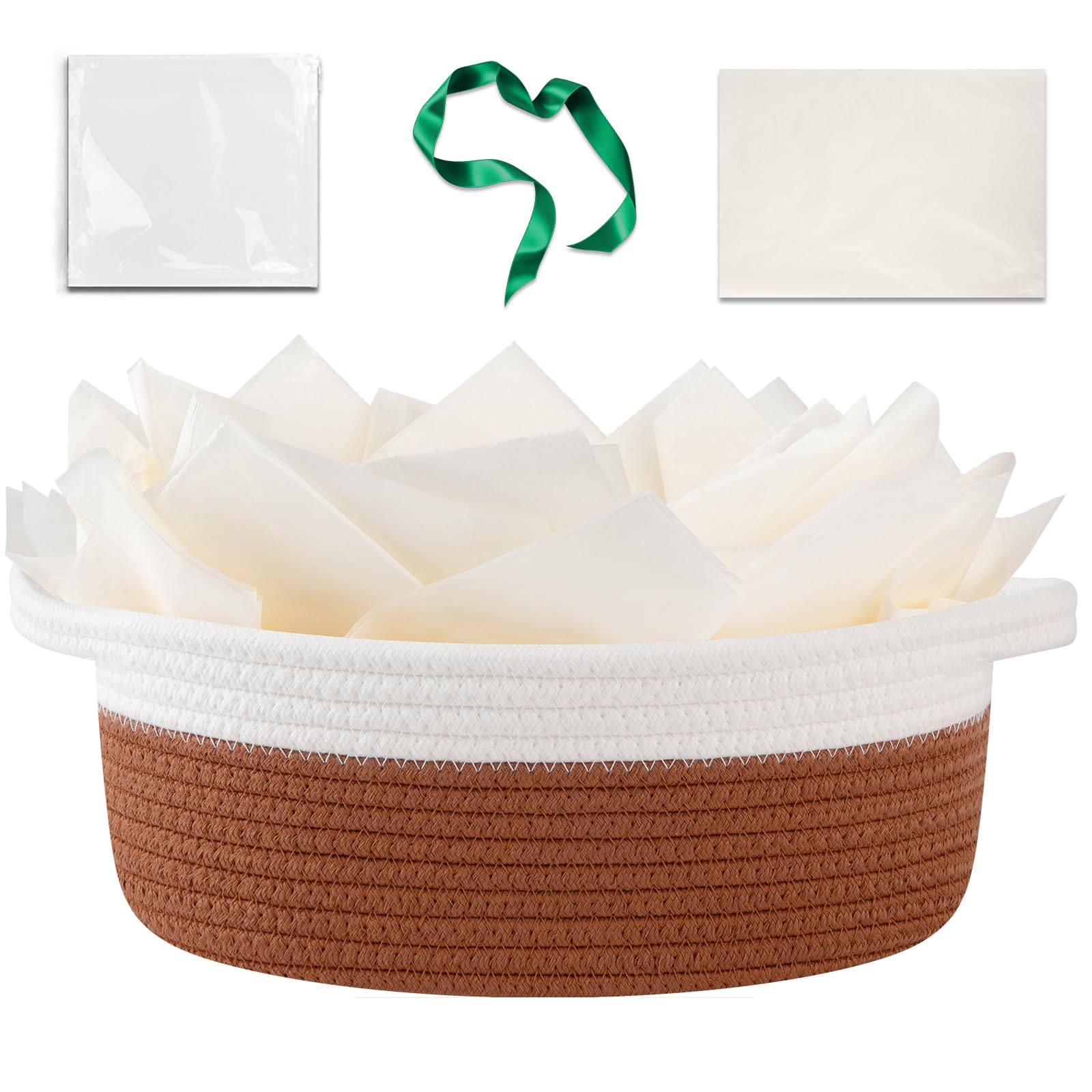 OIAHOMY Gift Basket Empty with Handle, 12"x 8"x 5" Small Woven Basket with Gift Bag, Ribbon and Wrap Tissue Paper, Dog Toy Storage for Organizing - Rust Red & White Rust Red & White 12"x 8"x 5"