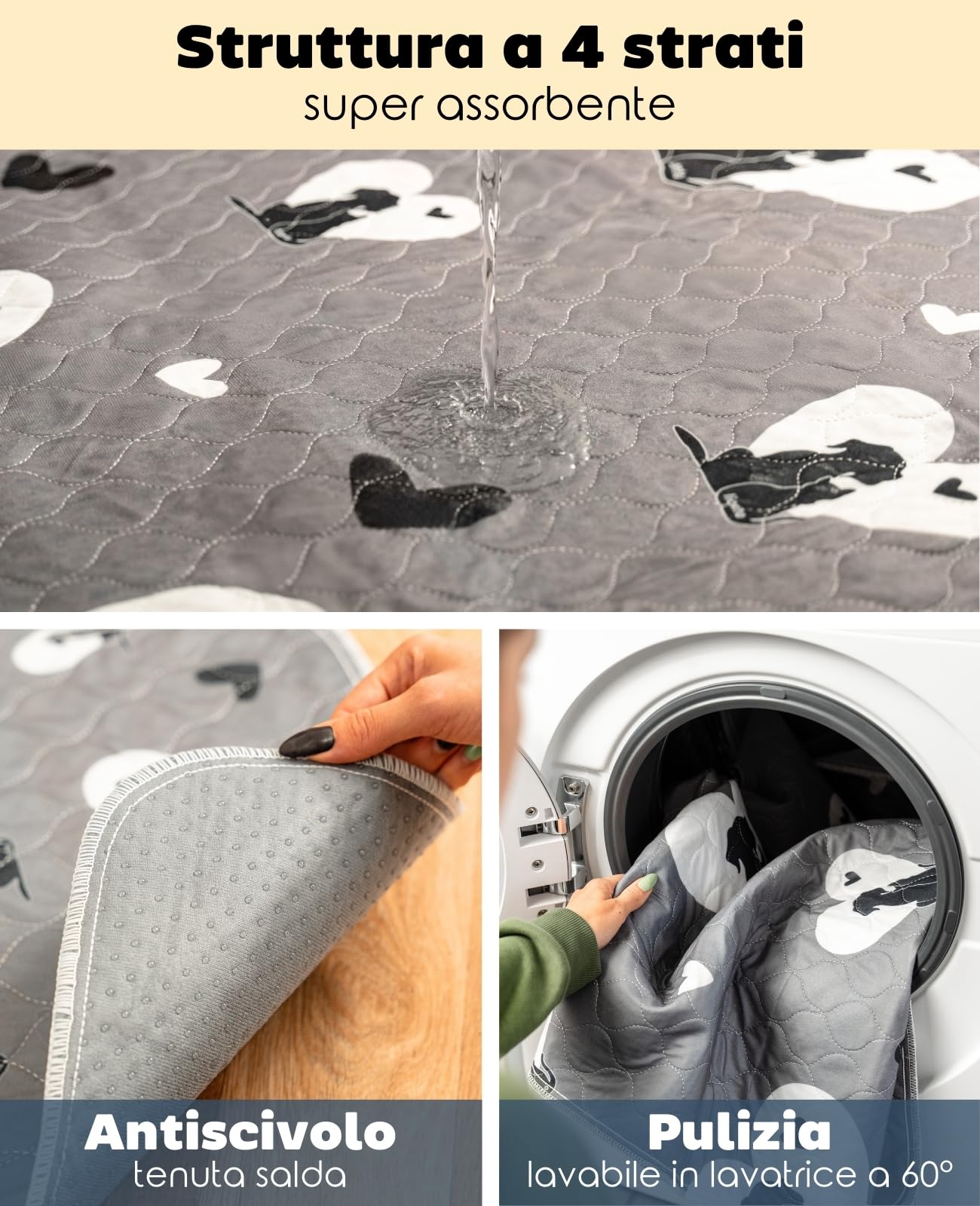 lionto Tappetini riutilizzabili per cuccioli 2 pz, 183x183 cm, lavabili fino a 90°C, super assorbenti, antiscivolo, a 4 strati, ecologici, grigio
