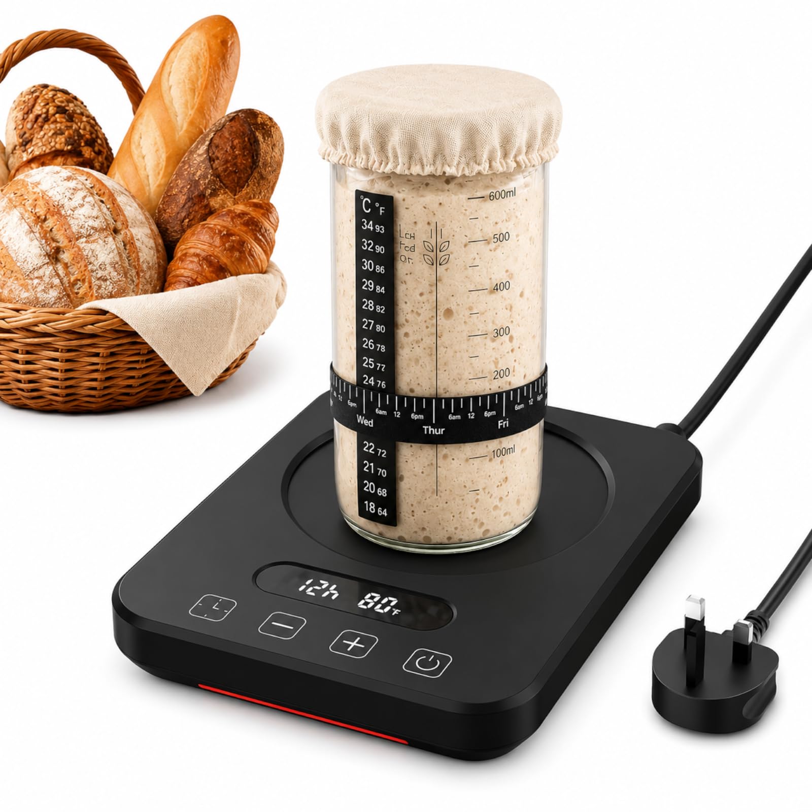 Sourdough Starter Warmer with Thermometer Strip, Adjustable Heating Mat with Timer & Auto Shut-Off, Compact Fermentation Heater for Home Baking (21℃–38℃)