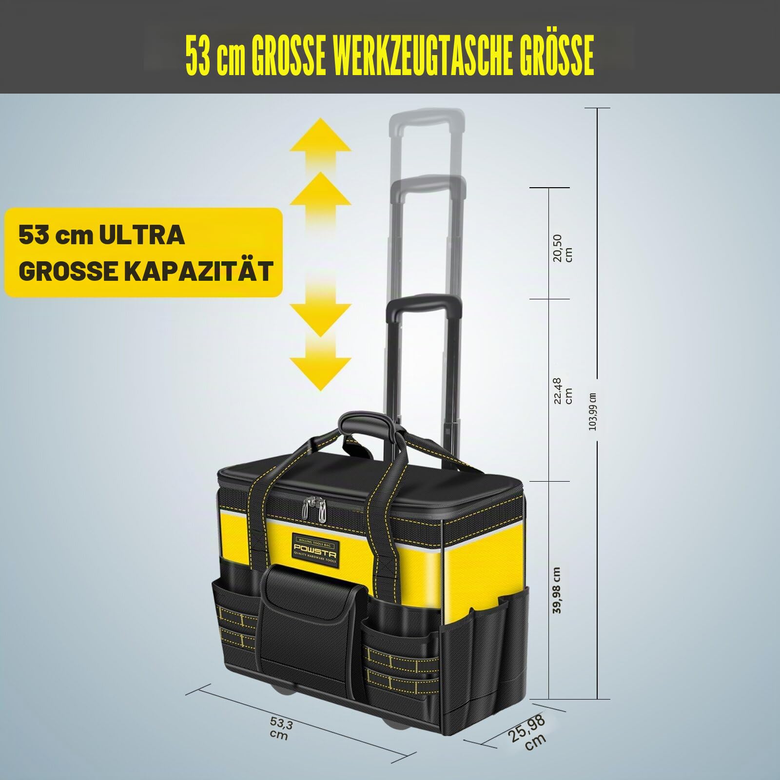21" Groß Werkzeugtasche mit Rollen,18 Taschen, Vielseitig Einsetzbare Werkzeugtasche mit Teleskopgriff, für Bauarbeiter, Elektriker, Gelb/Schwarz | Mit Teleskopgriff und 18 Taschen, Mehrzweck-Werkzeugtaschen für Bau, Elektriker und HVAC, Gelb/Schwarz